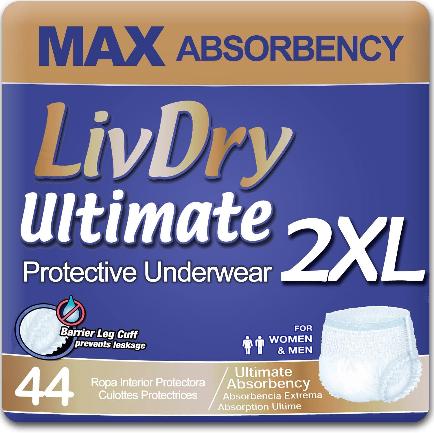 Ultimate 2XL Adult Incontinence Underwear, Max Absorbent Diapers for Women and Men, XXL 60โ -80" Waist, Leak Proof Cuff, XX-Large, 44 Pack
