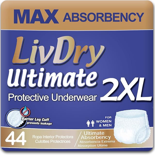 LivDry Ultimate Adult Incontinence Underwear, High Absorbency, Leak Cuff Protection (XX-Large (44 Count))