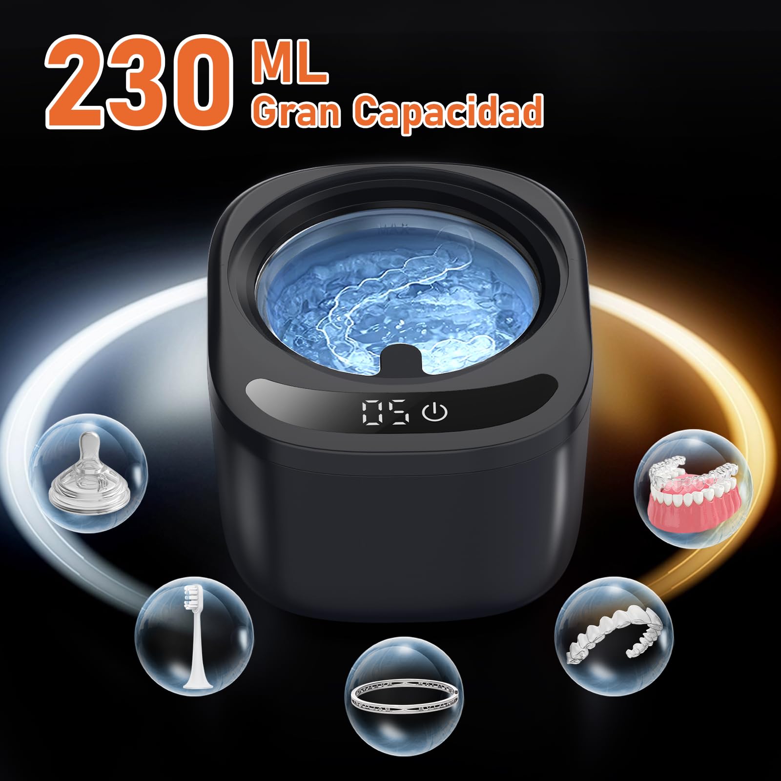 Limpiador Ultrasonidos Dental de 45000 Hz y 230 ml, Ultrasonidos Limpieza con Lámpara UV para Limpiador Ferula Dental, Retenedores, Alineadores, Prótesis Dentales y Joyas