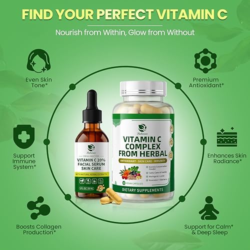 Miniatura 6 de Cápsulas de vitamina C y suero facial, apoyo para antioxidante y apoyo inmunológico, salud de la piel, vegano, sin azúcar, 1 onza + 60 cápsulas