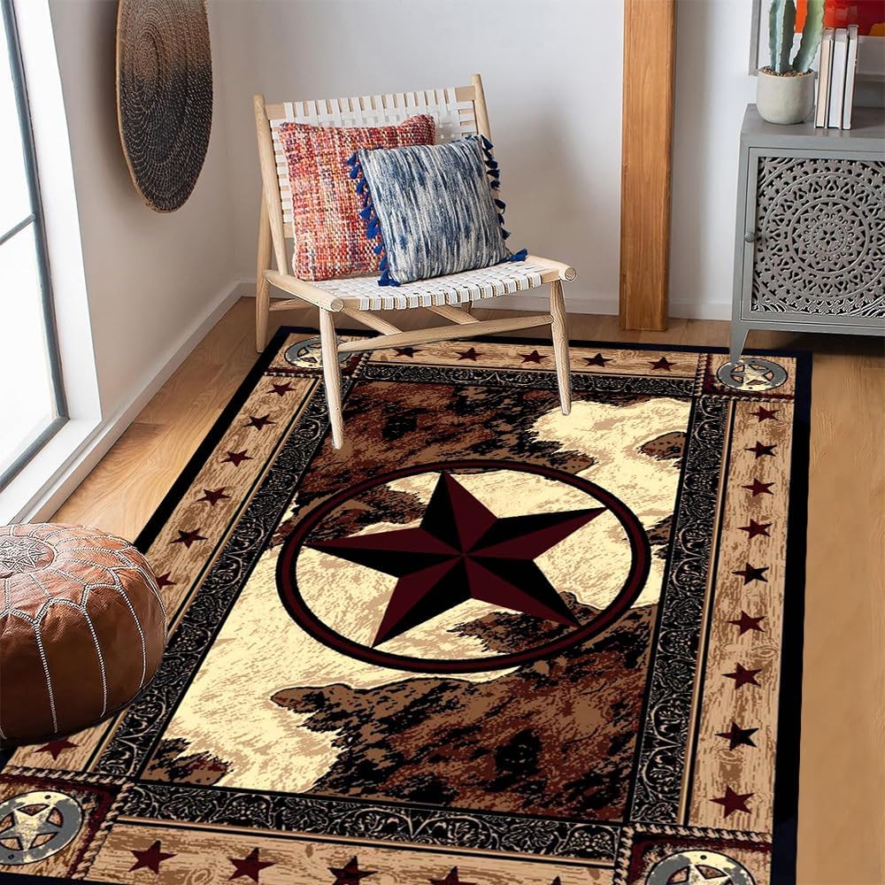 Western Texas Star Area Rug Rustic Brown Modern Carpet Farmhouse Primitive Rugs Cowhide Doormat for Entryway Bedroom Living Room Laundry Room 6'X8'