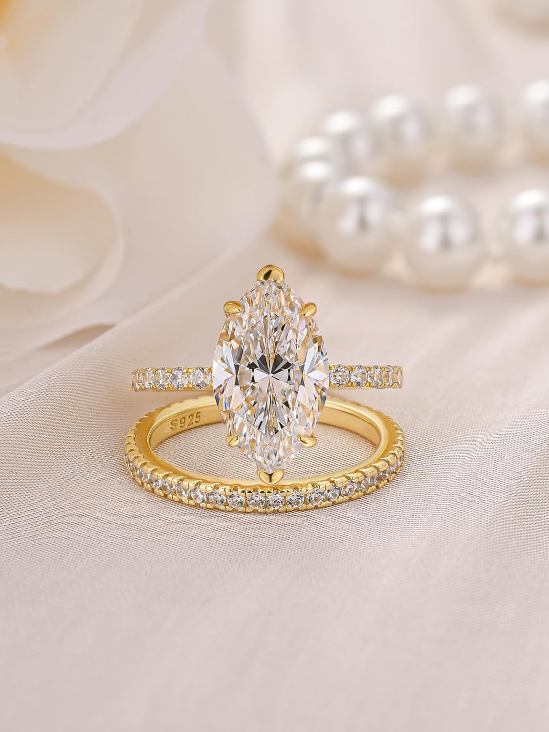 3.5 Carat Marquise Cut Engagement Ring Set for Women,14K Gold Plated S925 Silver AAAAA Grade Cubic Zirconia Bridal Wedding Ring Set - Image 5