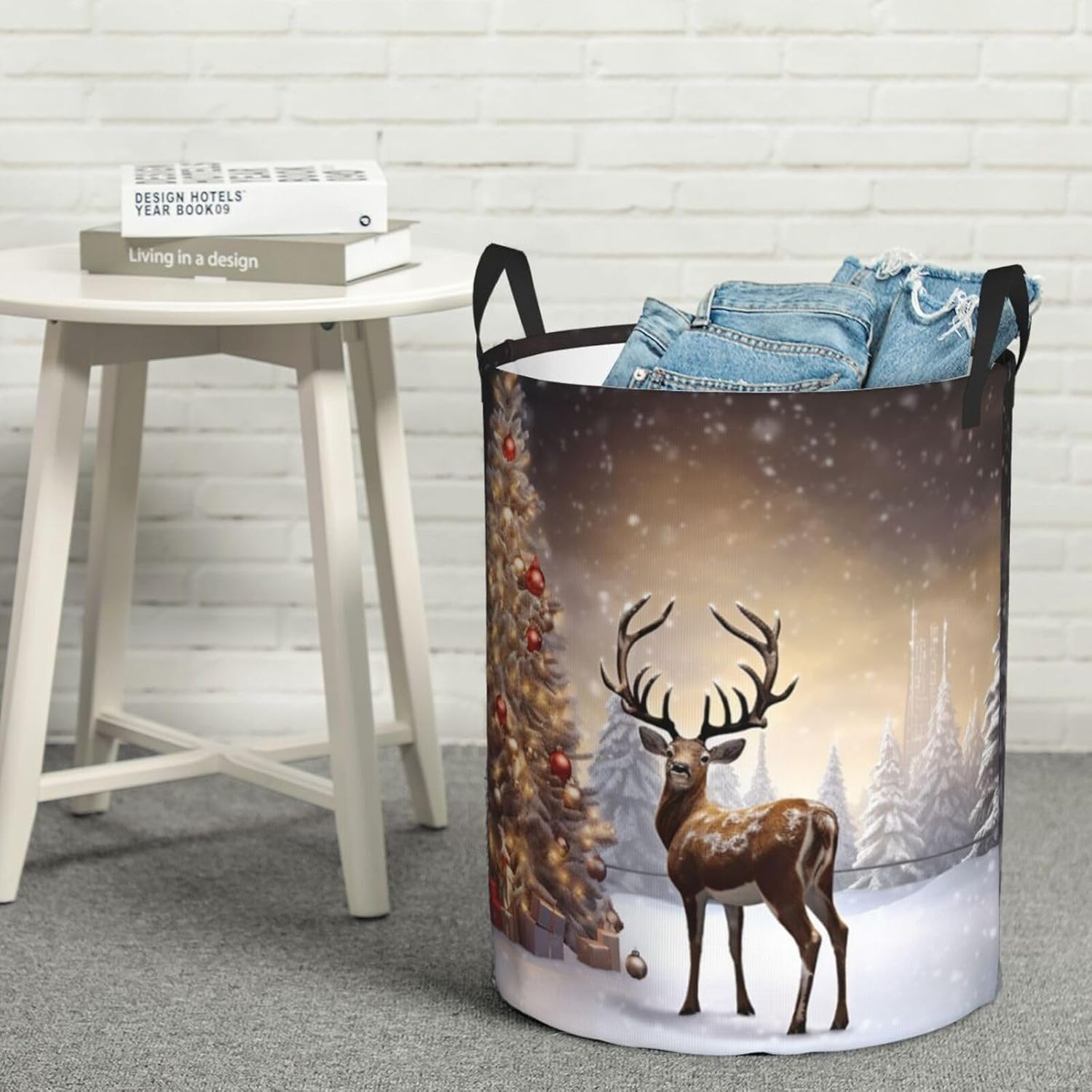 Christmas Tree and Reindeer Print Laundry Basket for Bathroom Laundry Hamper with Handles Collapsible Circular Hamper Waterproof Dirty Clothes Hamper Organizer Basket