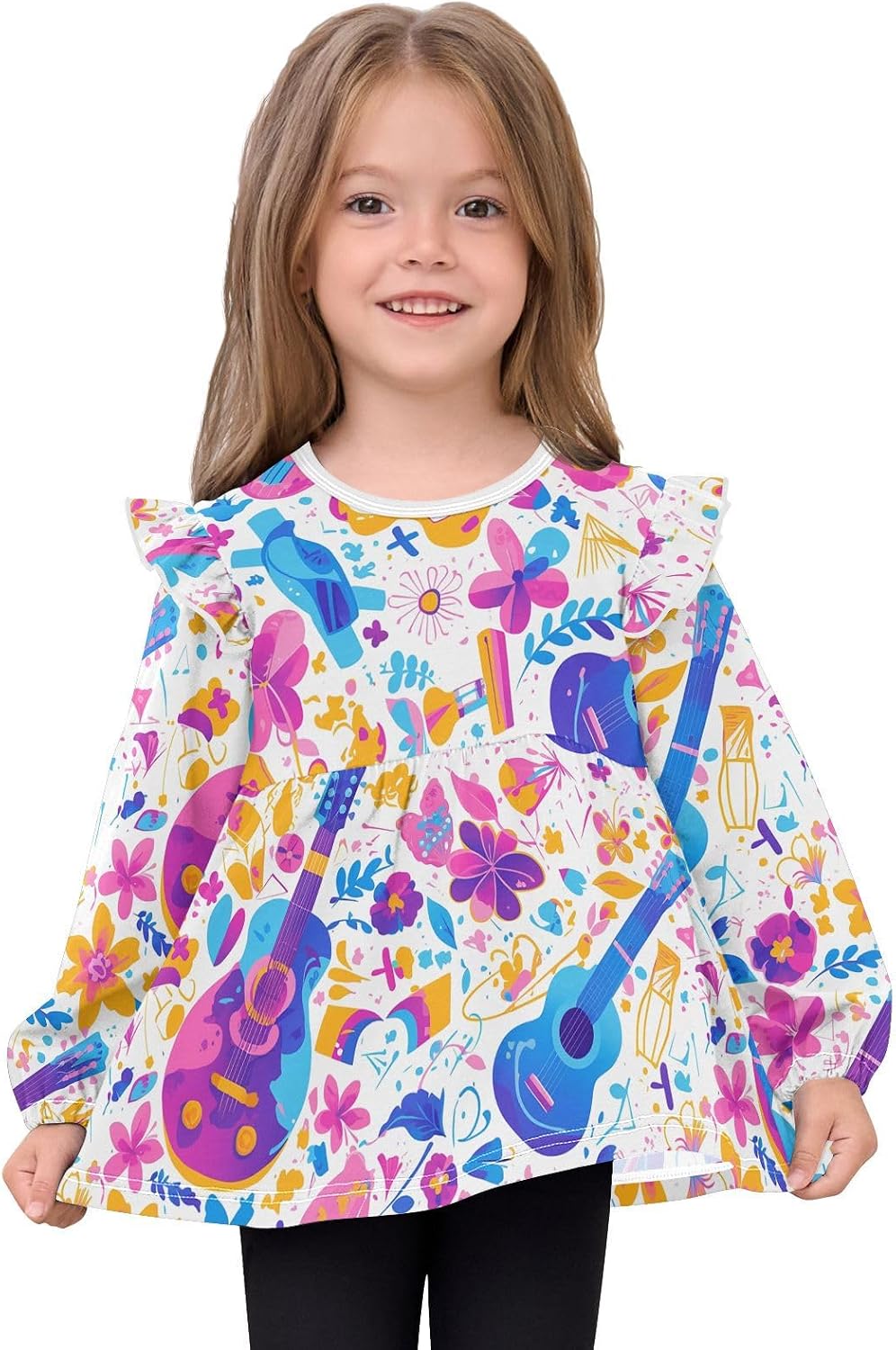 visesunny Toddler Clothes for Girls Purple Blue Neon Guitar Floral Long Sleeve Fall Shirts Cotton Top with Ruffle Collar