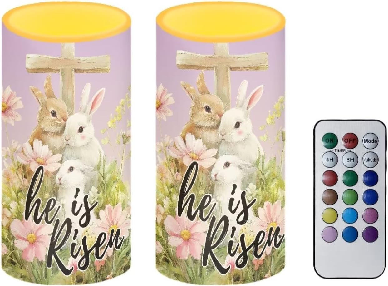 Flameless Candles LED Easter Rabbit Cross Decorative Candles Battery Operated Ornage Flickering Candles with 18-Key Remote Timer Pillar for Home Living Room Party Table Decorations