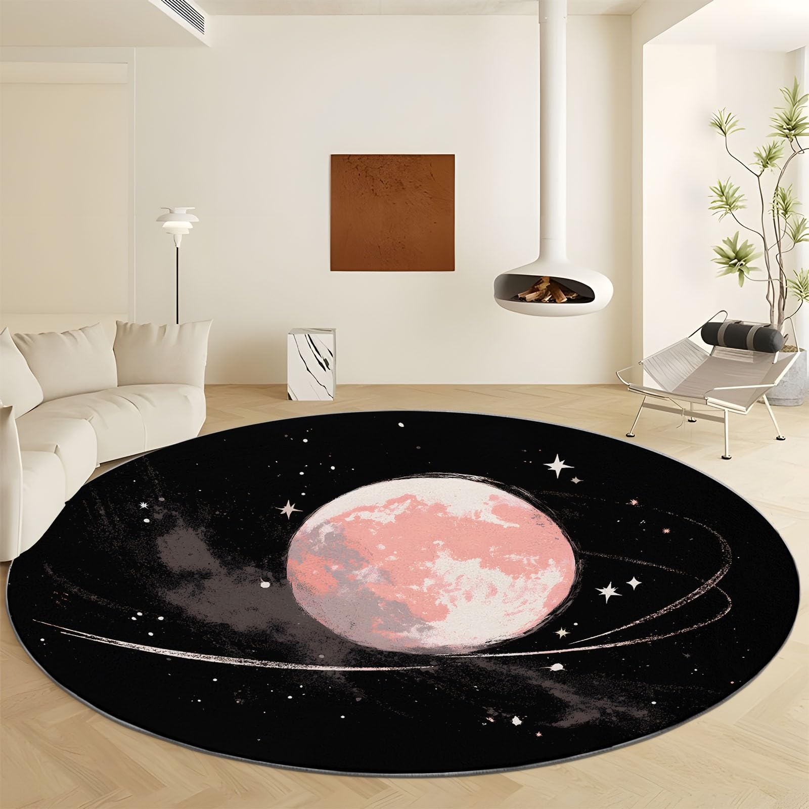 Générique Tapis Rond Doux Lune Étoiles Rayures à Poils Courts 120 cm, Antidérapant Absorbant Tapis d’Intérieur Style Onirique pour Chambre Salon Entrée Chambre d’Enfant Garçons et Filles
