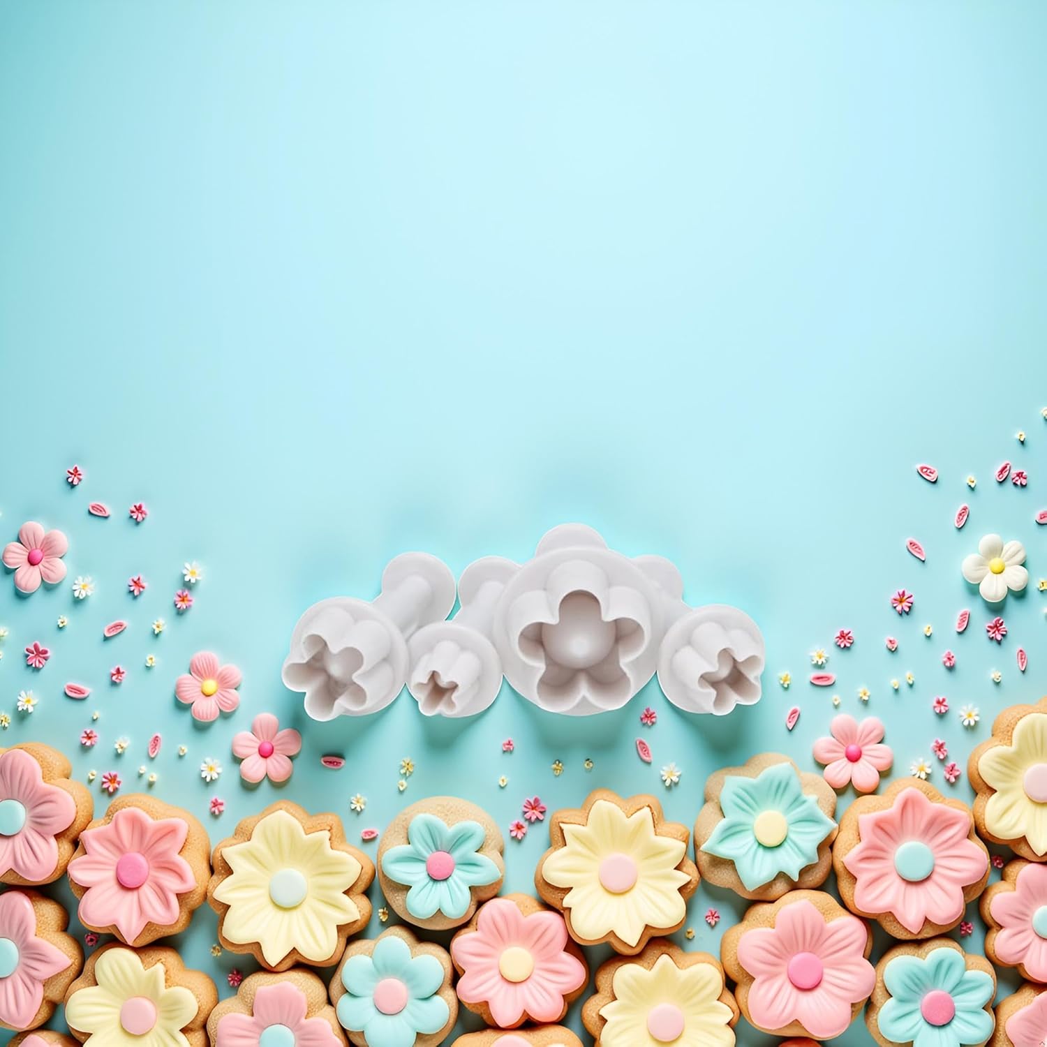 4Pcs Flower Plunger Cookie Cutter Cookie Cutters For Baking Plastic DIY Blossom Flower Cake Fondant Mold Plastic Cake Decorating Tools Baking Accessories Dessert and Candy Sculpting Tools（White） - Image 7