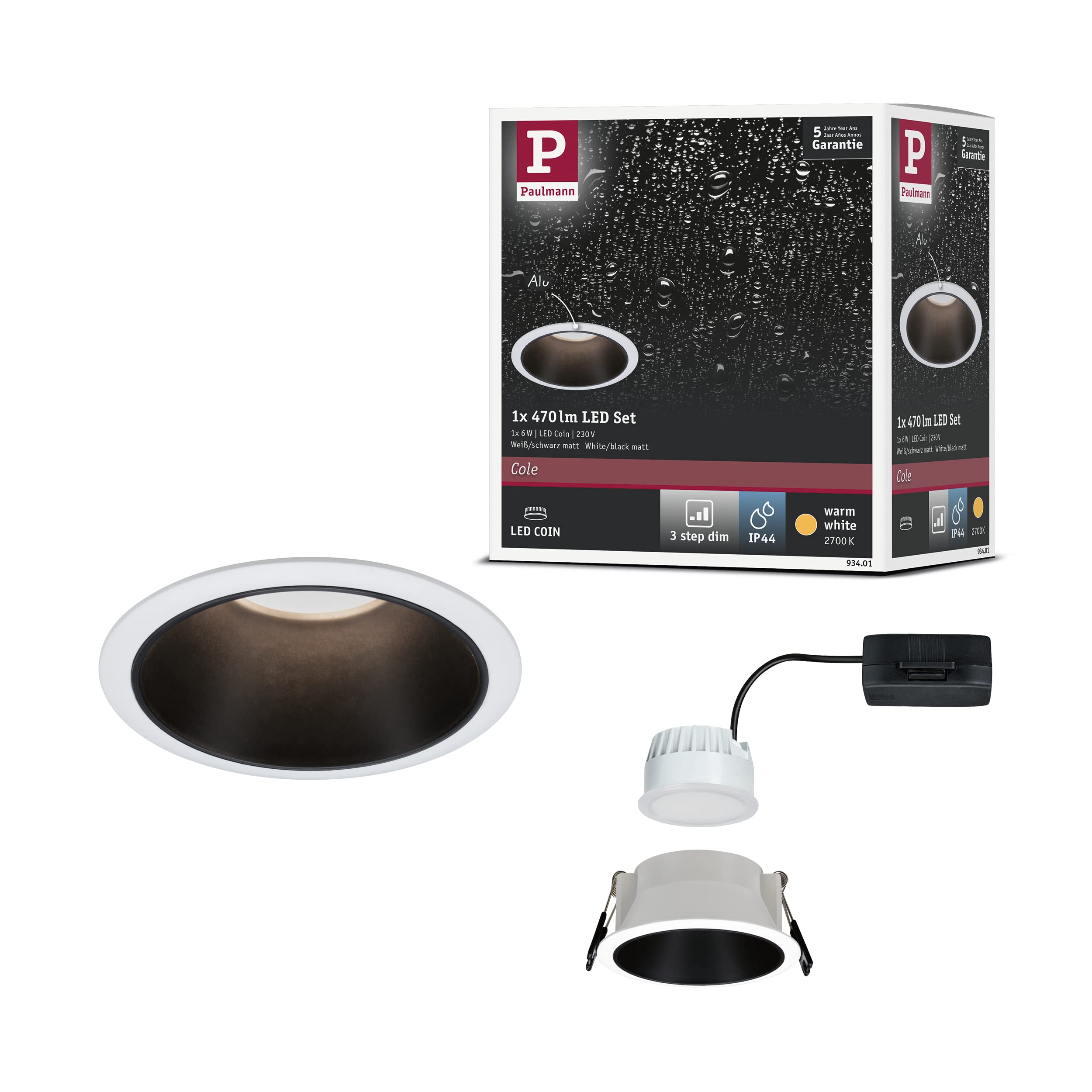Paulmann 93401 LED Cole Luminaire Round Incl. 1x6.5 Watt Dimmable Recessed Spotlight White, Black Matt Lamp Plastic, Aluminium Zinc Ceiling Spot 2700 K
