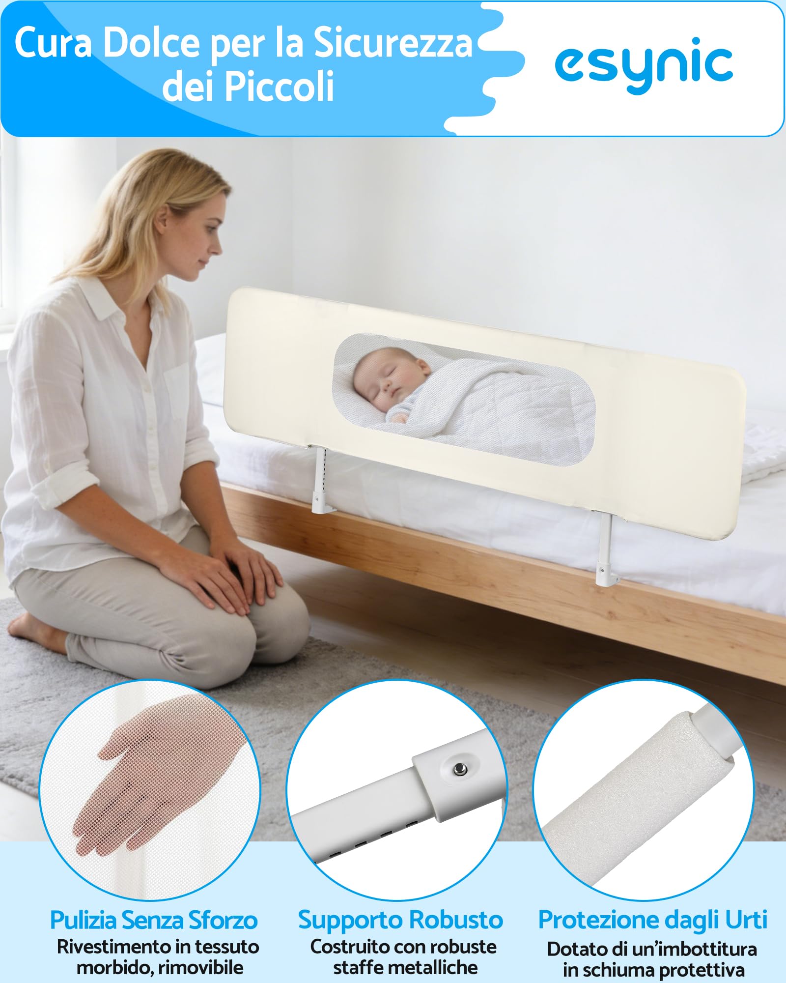 eSynic Barriera Letto Bambini 150cm, Pieghevole e Portatile da Viaggio, Altezza Regolabile su 19 Livelli da 2-26cm, Sponda Lettino a Tre Ante per Piccoli 0-5 Anni, Forma Variabile a L, U e I - Beige