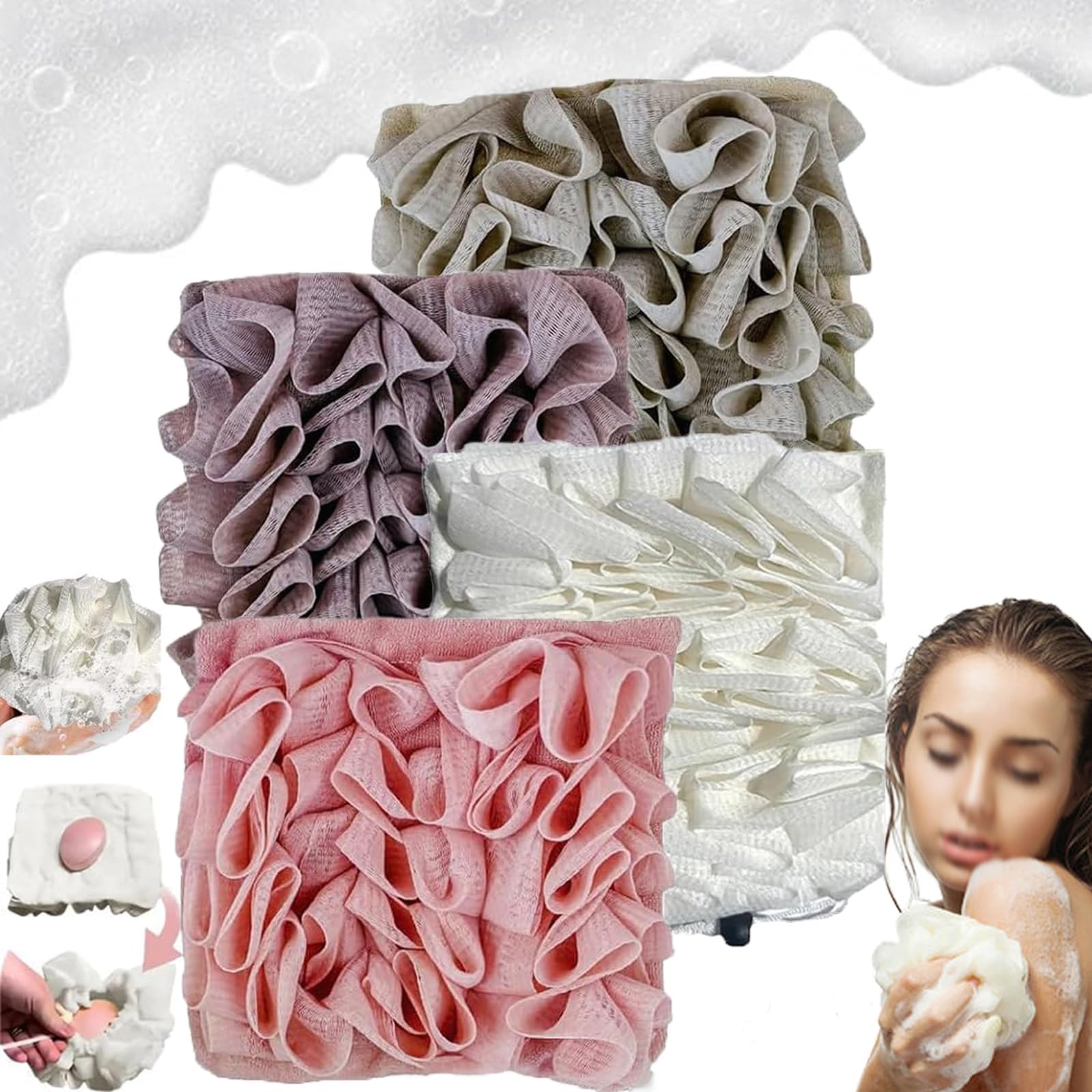 Loufee,Loufee Loofah Washcloth,2-in-1 Bath Loofah Sponge,The Leeffa Soft Loofah and Washcloth,Exfoliating Bath Sponge,Luffa Back Scrubber for Shower (4PCS-C)