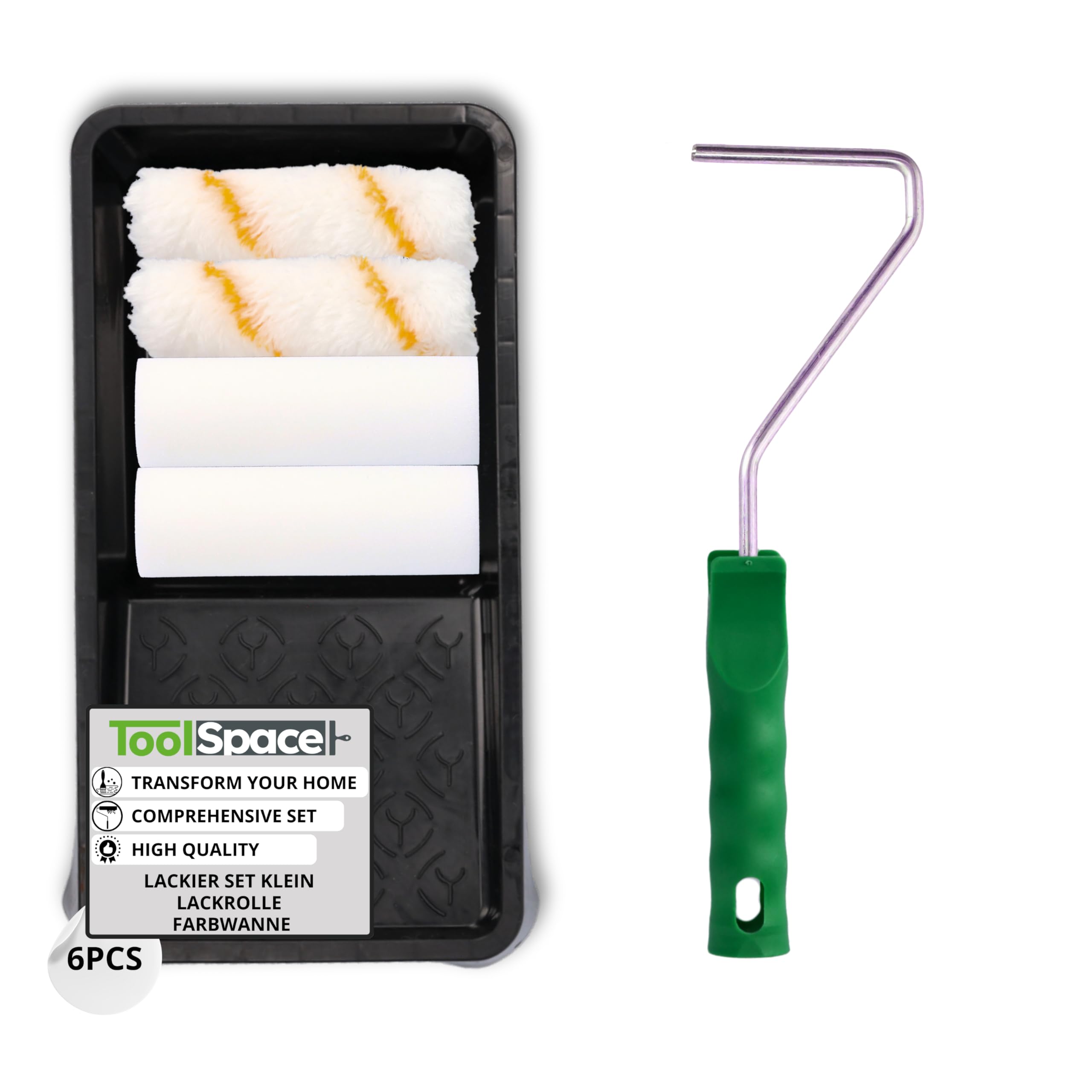 ToolSpace Lackierset Universal Malerset 6er Set Lackieren von Möbeln Kleinflächen 2x Schwammrollen und Polyacryl Farbrollen 1x Rollengriff Farbwanne Holzlack Streichset Malerrolle DIY Lackierung Kit