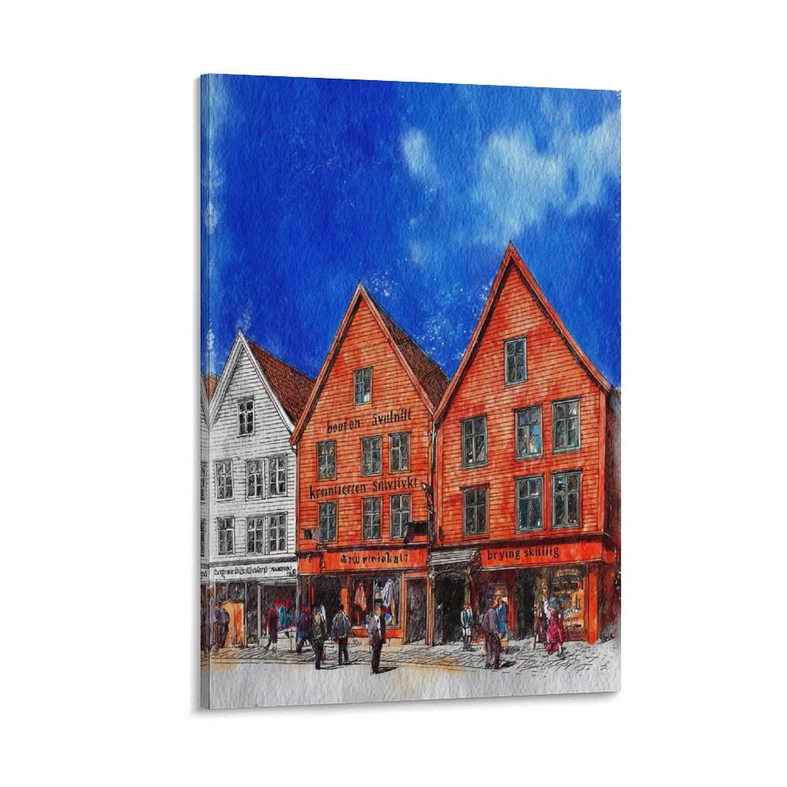 Cnaheiz Frame-Style Bergen Norway 16X24inch(40X60cm) Vintage Travel Poster Watercolor Canvas Art