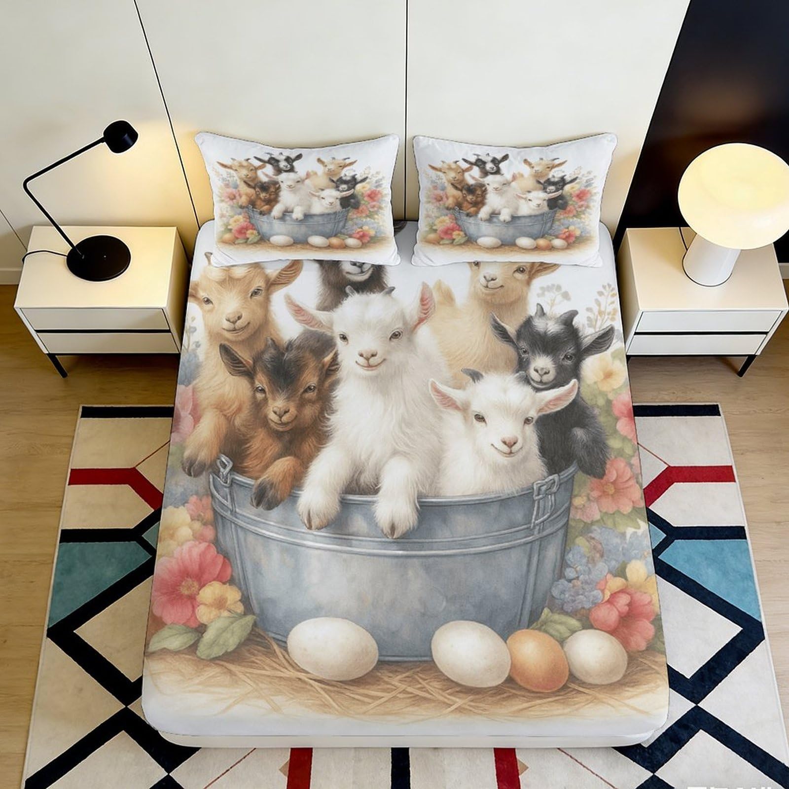 3D Printed Baby Goat Pastoral Fitted Sheet Microfiber Anti-Slip Floral Egg Mattress Cover Bedroom Decor 90x200x25cm