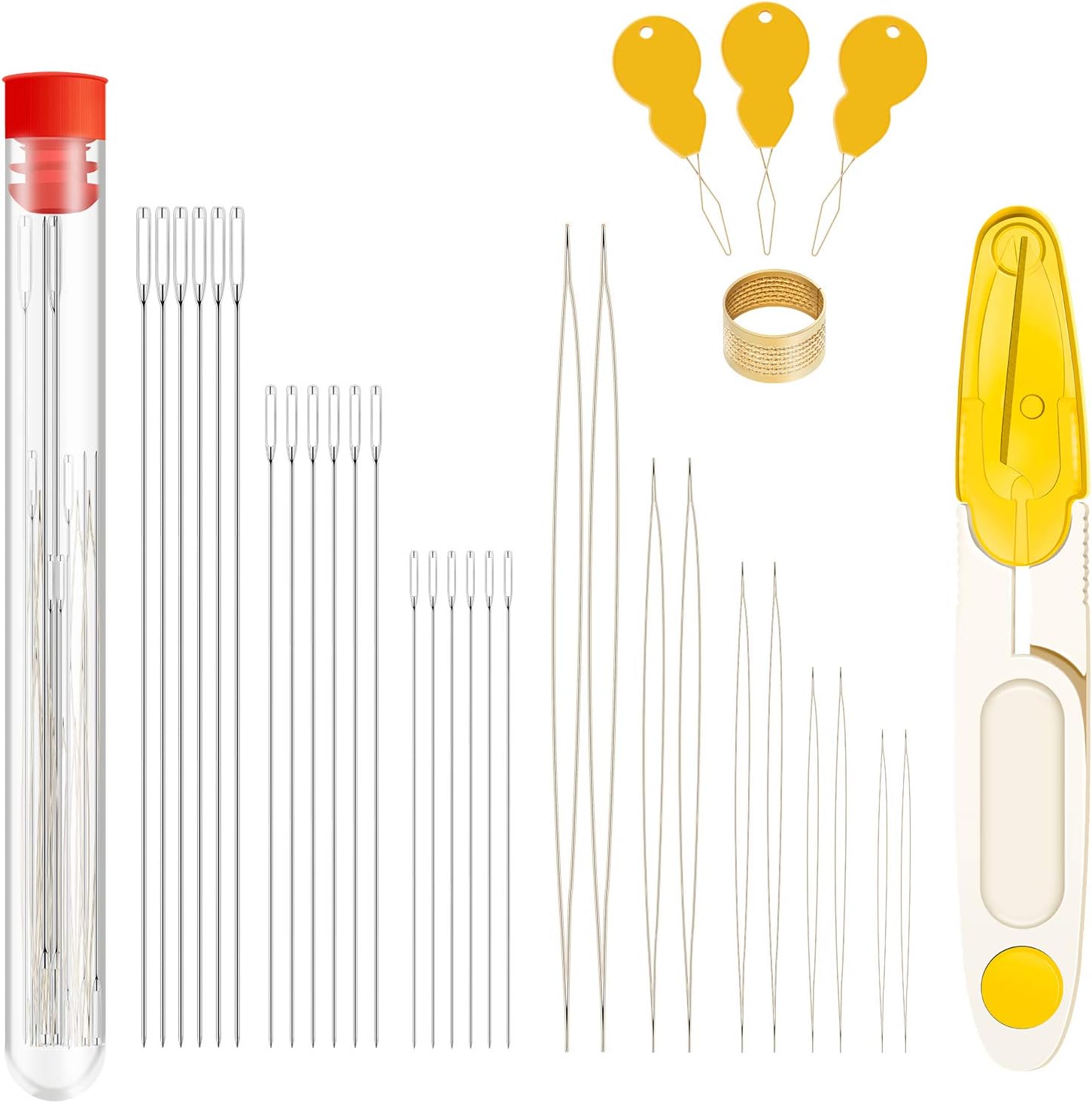 46 Pieces Beading Needles Set, 5 Sizes Big Eye Needles, 3 Sizes Long Straight Needles with Storage Tube, Scissor, Threader, Thimble for Jewelry Making