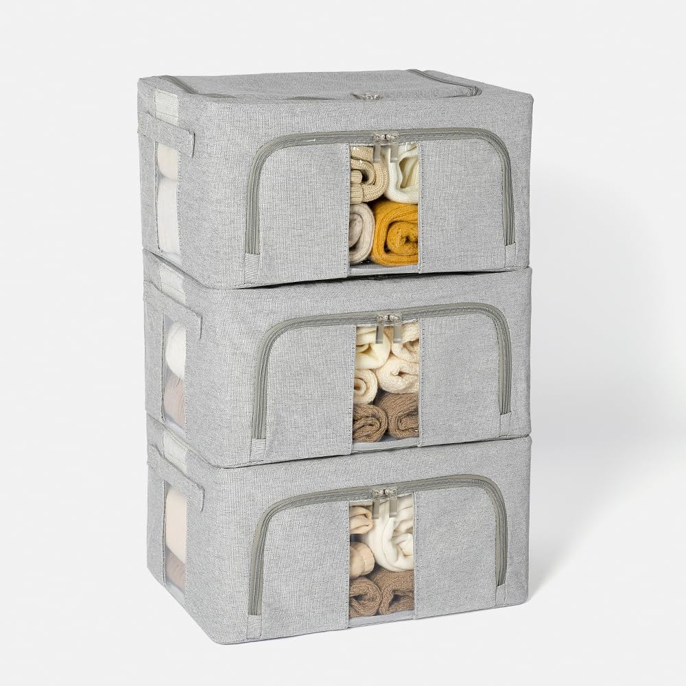 Cajas Almacenaje Ropa, con metálico 5mm, base con soporte PP, 66L | Gris, 3 PCS, Algodón y Lino, Bolsas Plegables, Para Organizador Armario, edredones, colchas, mantas