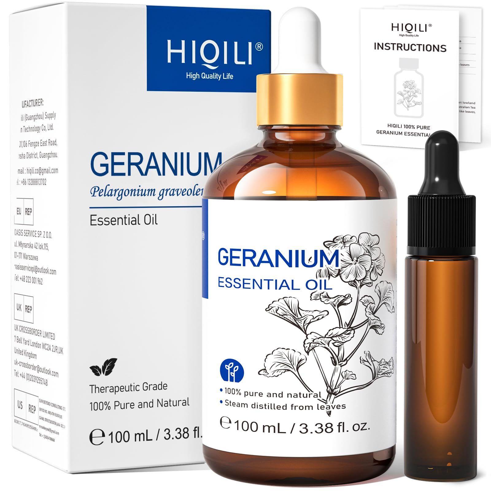 Geranium Essential Oil, 100% Pure & Natural for Aromatherapy, Diffuser, Spray, Skin, Hair, Body Wash, Soap & Candle Making - 100ml