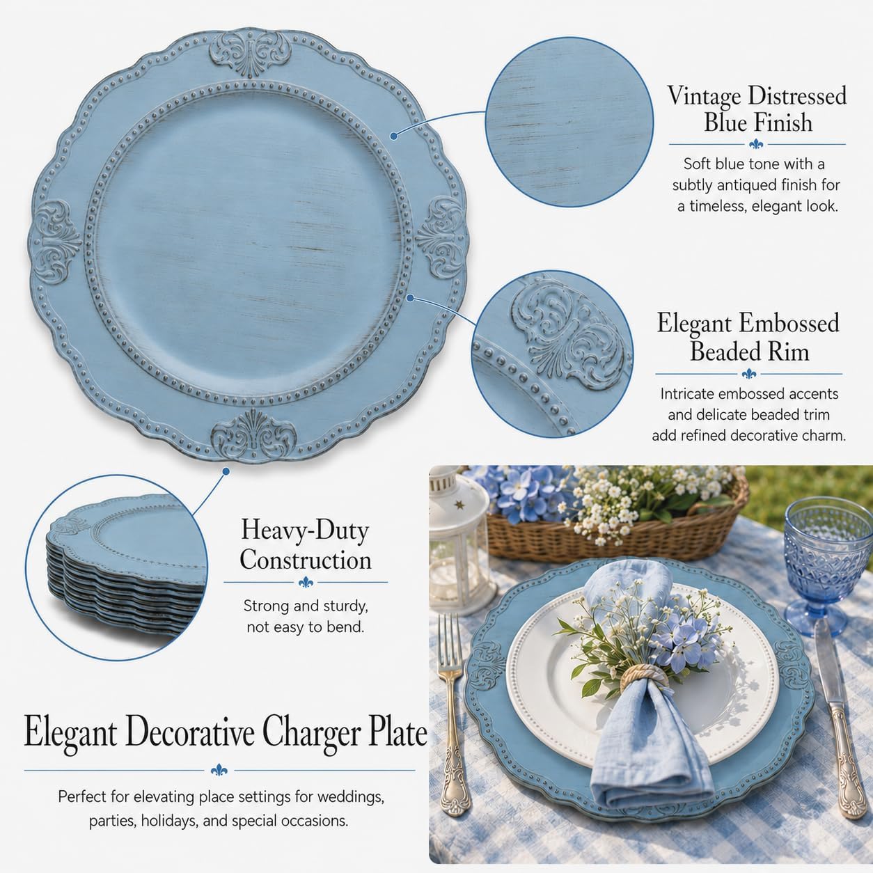 12PCS Antique Blue Charger Plates Bulk- 13in Heavy Duty Chargers for Dinner Plates- Round Plastic Plate Chargers w/Embossed Beaded Rim- Table Chargers for Wedding, Party, Banquets, Holidays