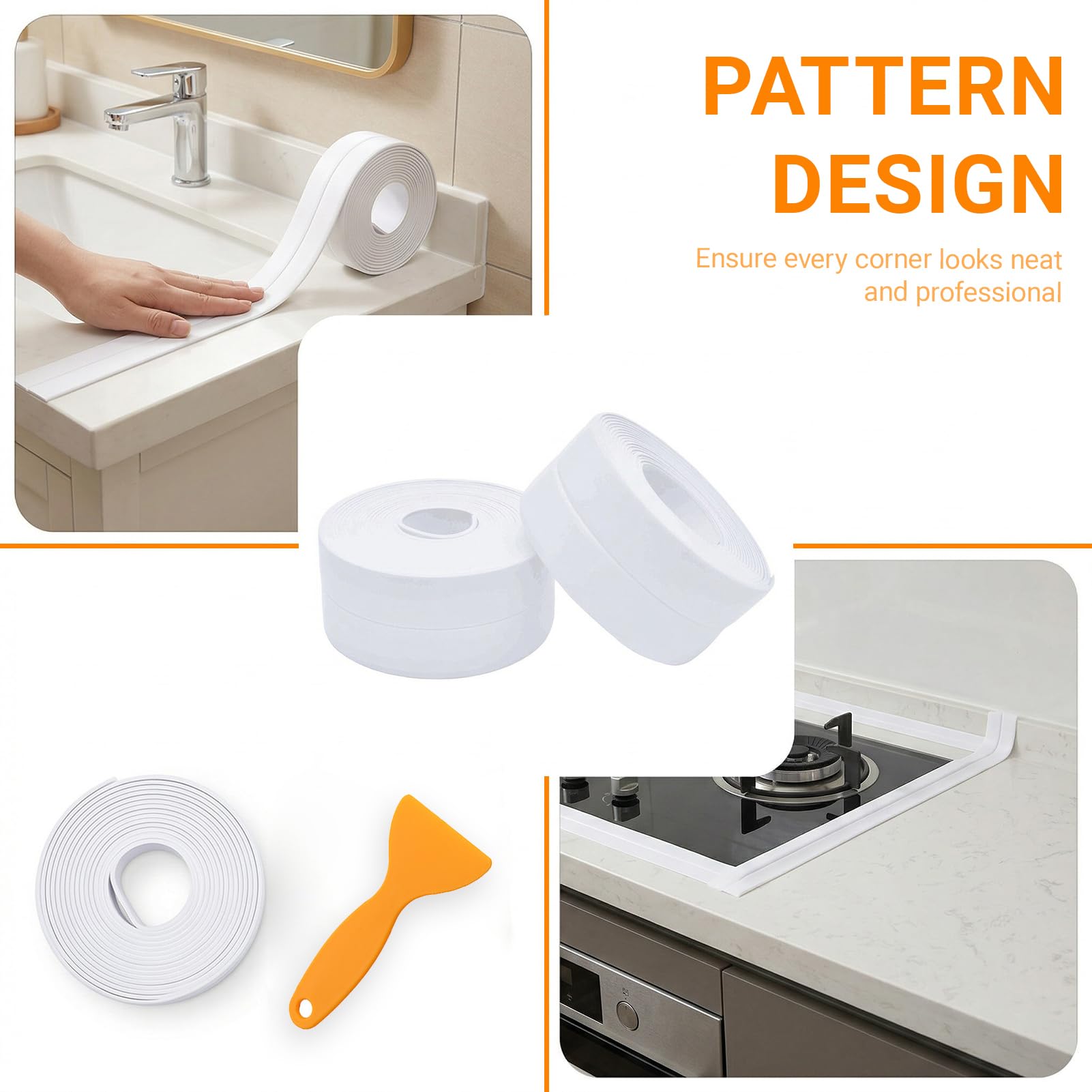 2 Rotoli Nastro Sigillante Autoadesivo, 3,2 m x 2,2 cm, Battiscopa in PVC Morbido, Striscia di Tenuta Impermeabile con Strumento di Tenuta, per Cucina, Bagno, Toilette, Soffitto (Bianco)