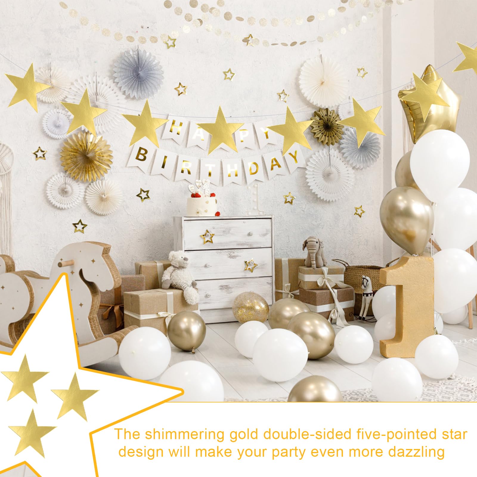 Estrellas de Papel Dorado 15 cm Set 48 piezas de Estrellas de Papel DIY, Decoración de estrellas Oro Adesivas para Pared, Ventana, Fiesta, Boda, Navidad Estrellas de papel Grandes Brillantes