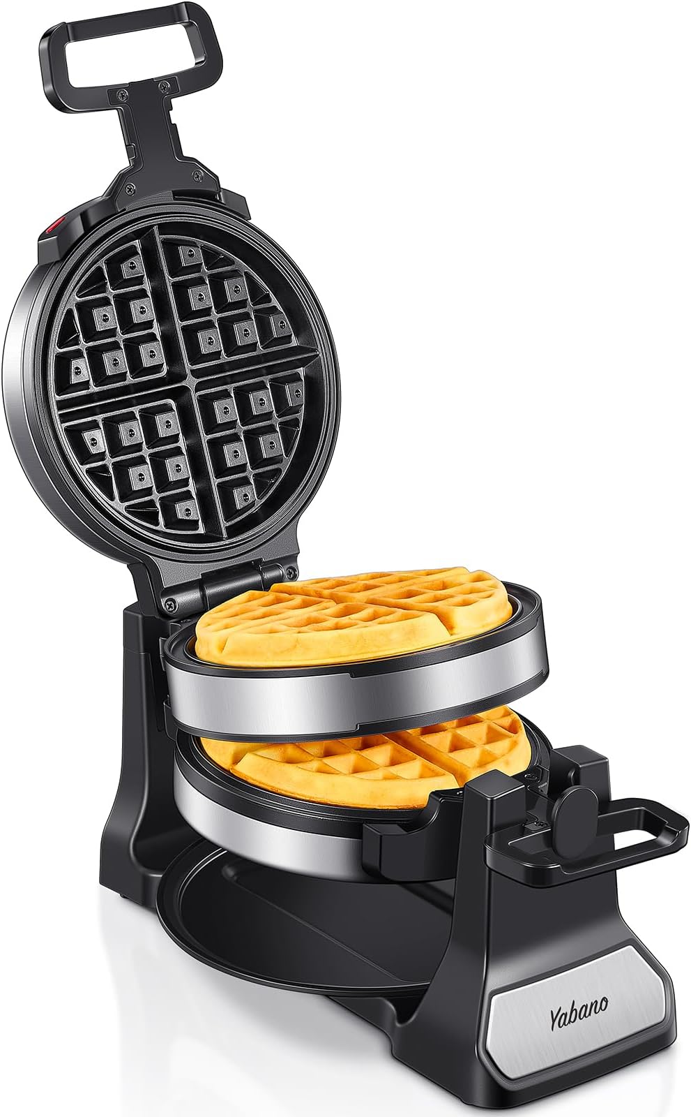 Belgian Waffle Maker, Classic Rotating Waffle Iron with Nonstick Plates, Removable Drip Tray and Cool Touch Handles, Double Flip Waffle, Rotating Belgium Waflera Maker by Yabano, Brushed Stainless