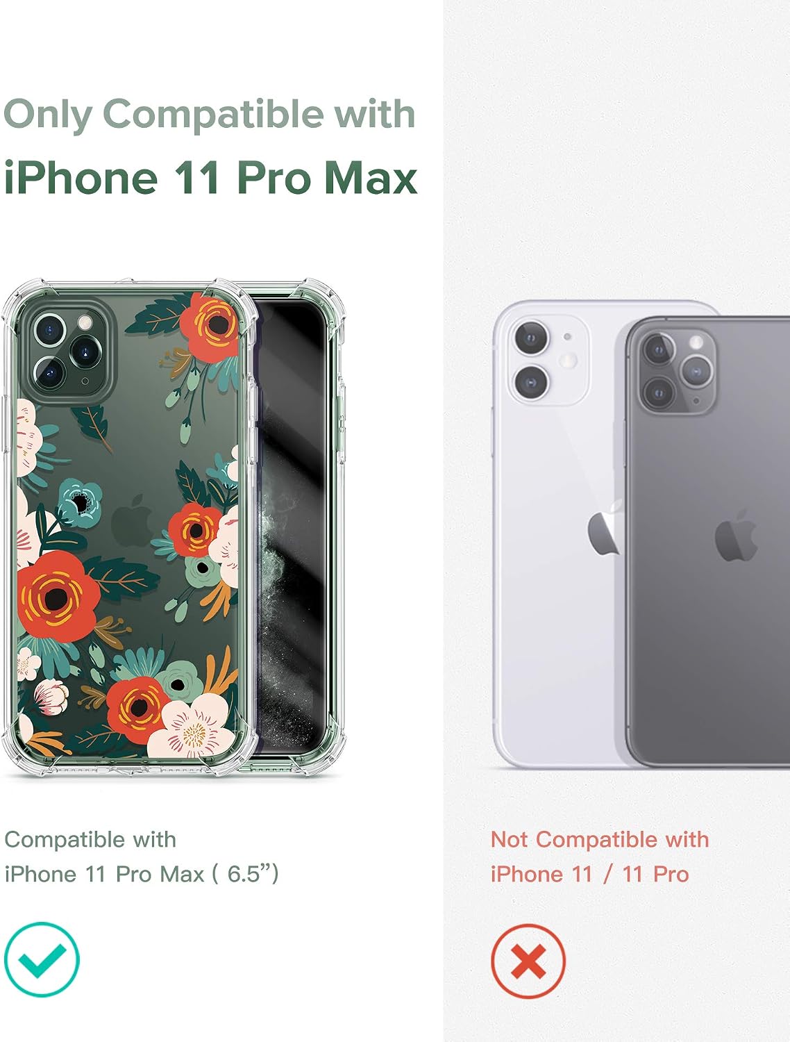GVIEWIN Floden Case Compatible with iPhone 11 Pro Max 6.5 Inch 2019, [Built-in Tempered Glass Screen Protector] Full-Body Clear Floral Rugged Bumper Shockproof Case Cover (Flowering/Reseda Green)