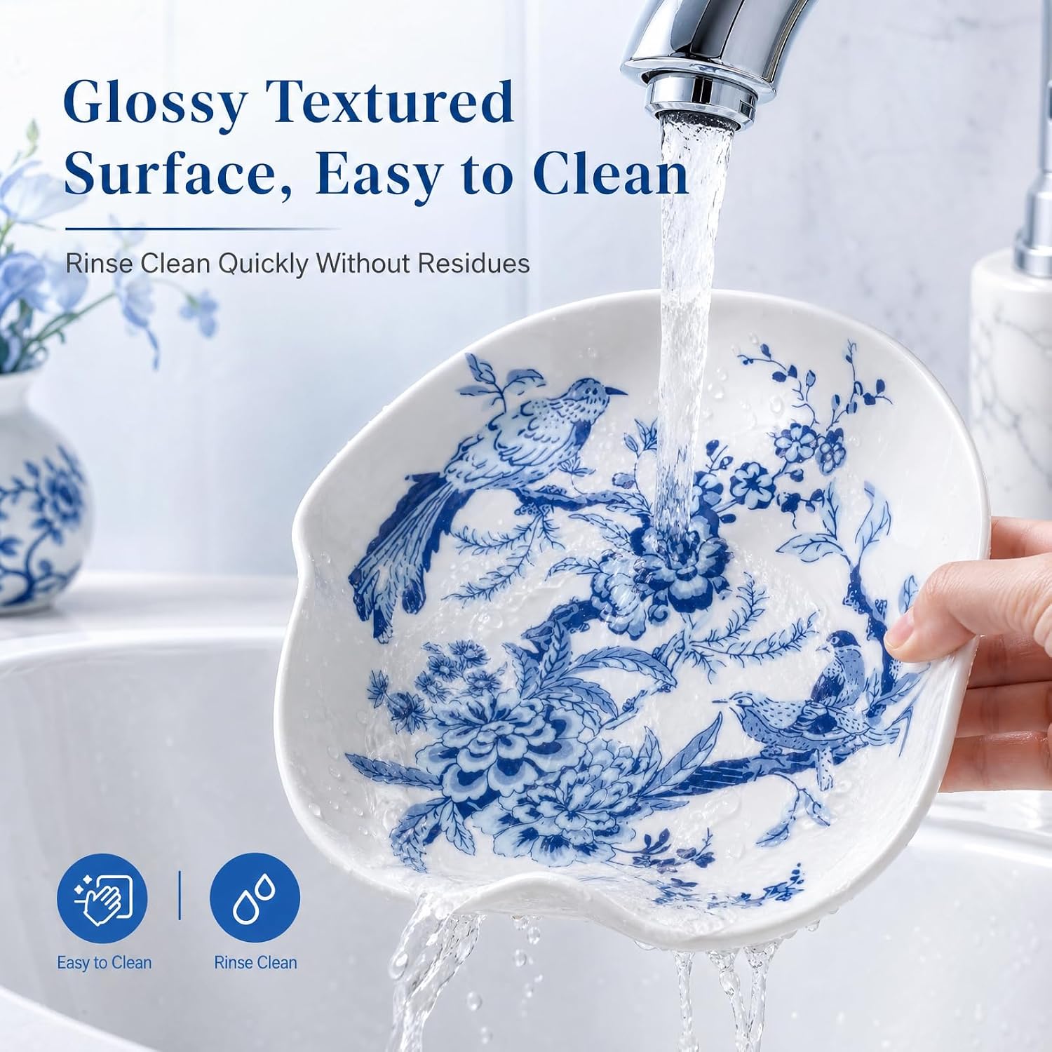 SNJORT 5.2" Blue White Chinoiserie Ceramic Spoon Rest, Heat Safe Stovetop