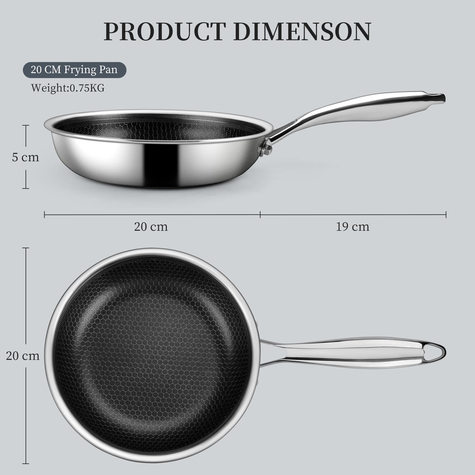 Innerwell Professionale Padella Antiaderente Acciaio Inox 20 cm, Padella Induzione, Rivestimento a nido d'ape antigraffio, Padelle omelette, Padelle Adatte Per Forno, Universali Pentole, Senza PFOA