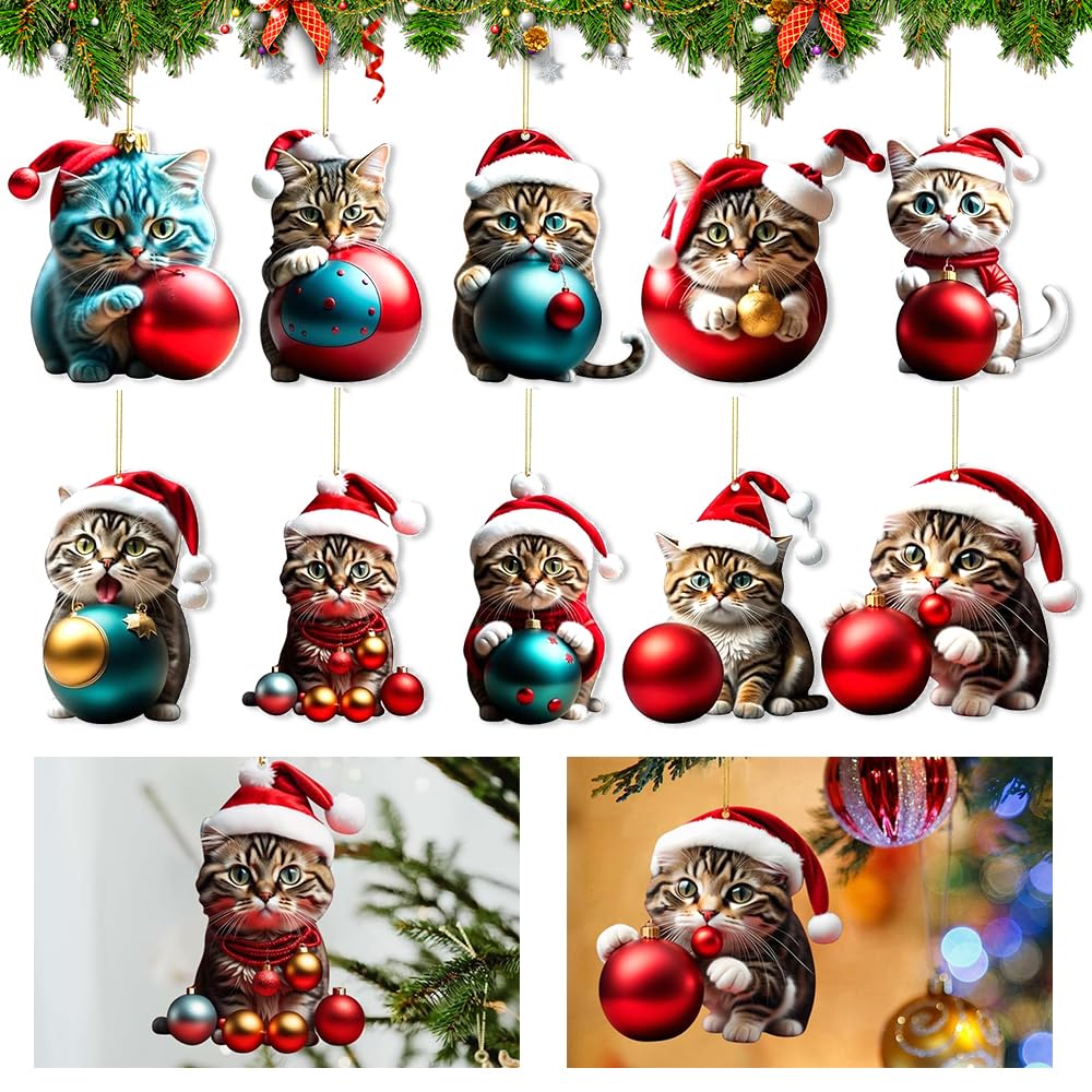 Adornos de Navidad de Gatos,10 Piezas Colgante de árbol de Navidad de Gato de acrílico 2D,árbol de Navidad Colgante de Gato,Decoración navideña Gatos,Lindos Adornos de Navidad para Hogar y Coche