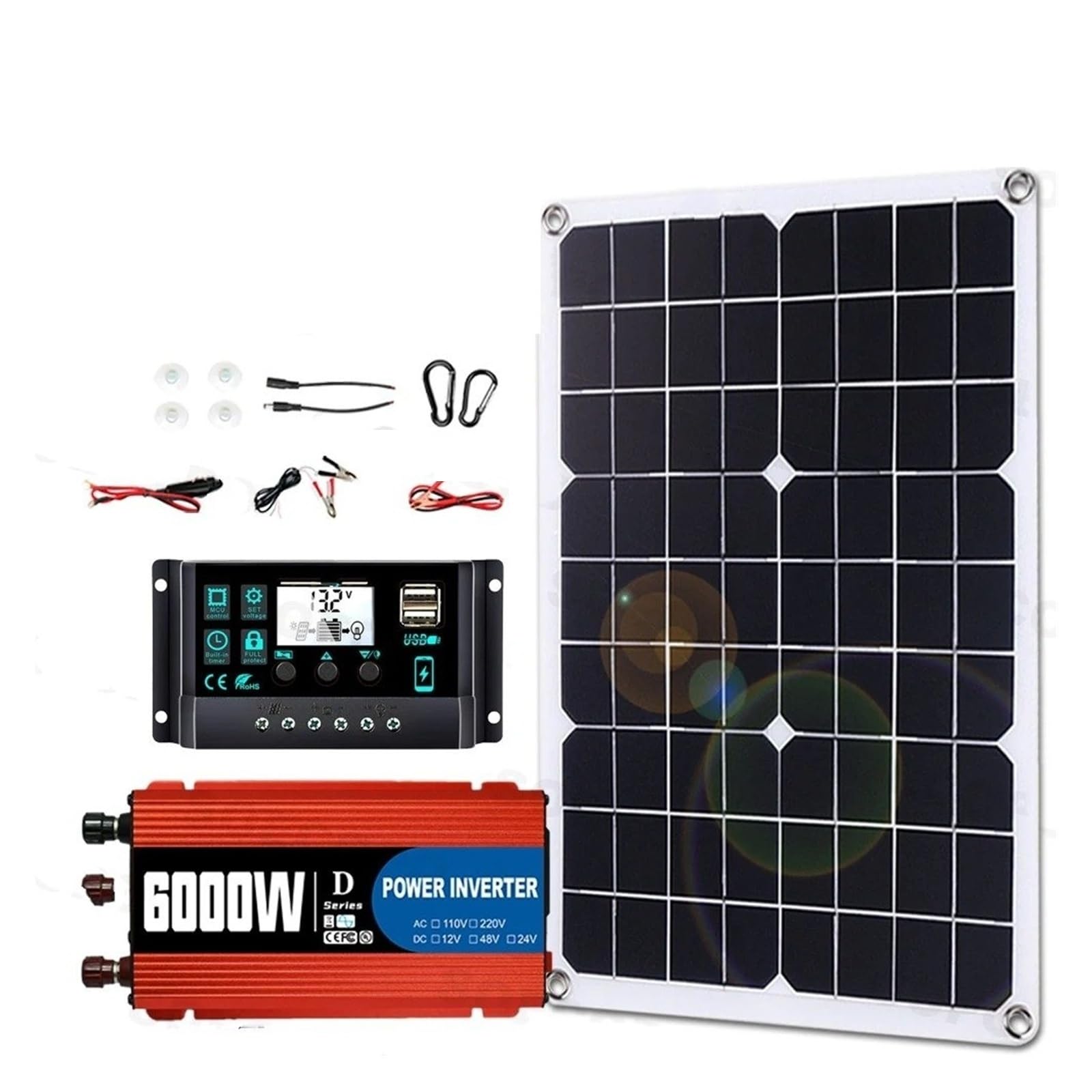 Inversor Potencia Kit Solar 6000W/650W Panel Fuera Red + Controlador + Inversor 12V A 110V220V para RV Doméstico Convertidor