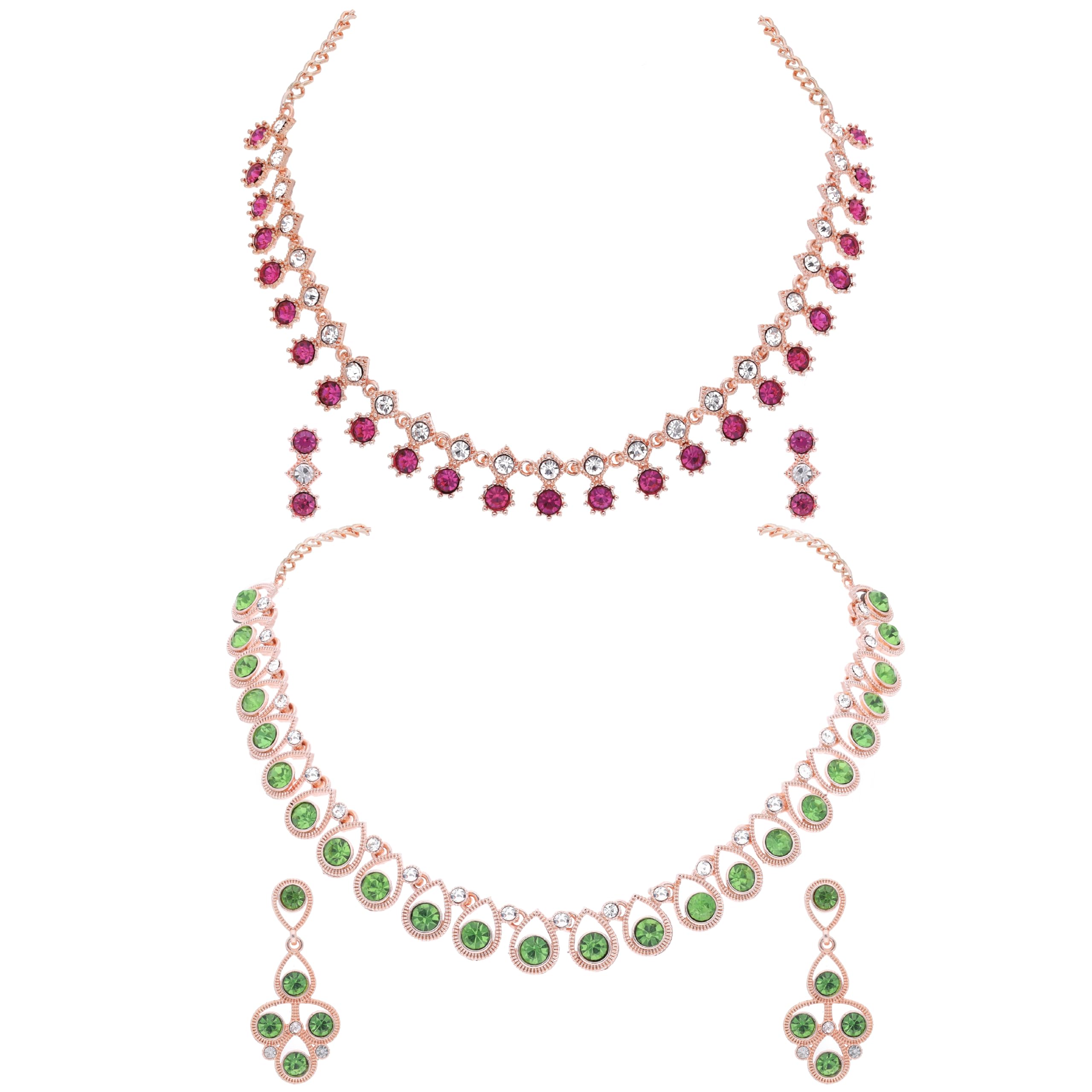 Brado Jewellery Pack of 2 Rosegold Polished American Diamond Studded Necklace with 1 pair of Earring Choker Jewelry set for Women and Girls (RG - Pink - Lightgreen) (B0CLJMJWVY) Amazon Price History, Amazon Price Tracker