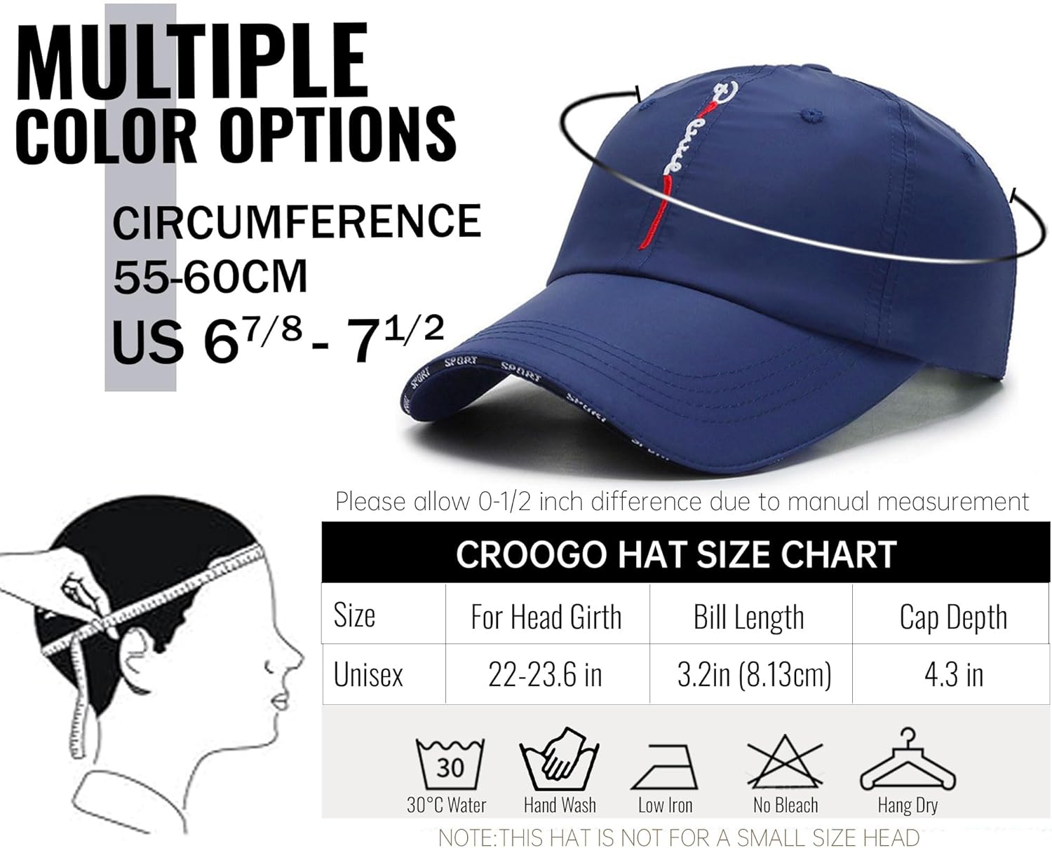 Croogo Quick Dry Sports Hat UPF 50+ Baseball Cap Embroidered Lightweight Outdoor UV Protection Sun Hats for Men Women - Image 3
