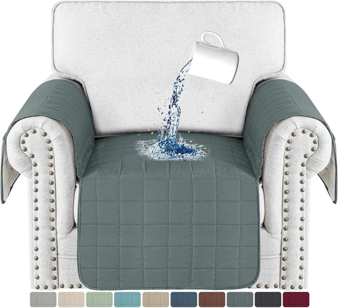 MAXIJIN Waterproof Chair Cover for Dogs Washable, Quilted Chair Seat Cover Sofa Slipcover for Armchair with Side Pockets, Non-Slip Furniture Protector for Pets Kids (Chair, Dark Gray)