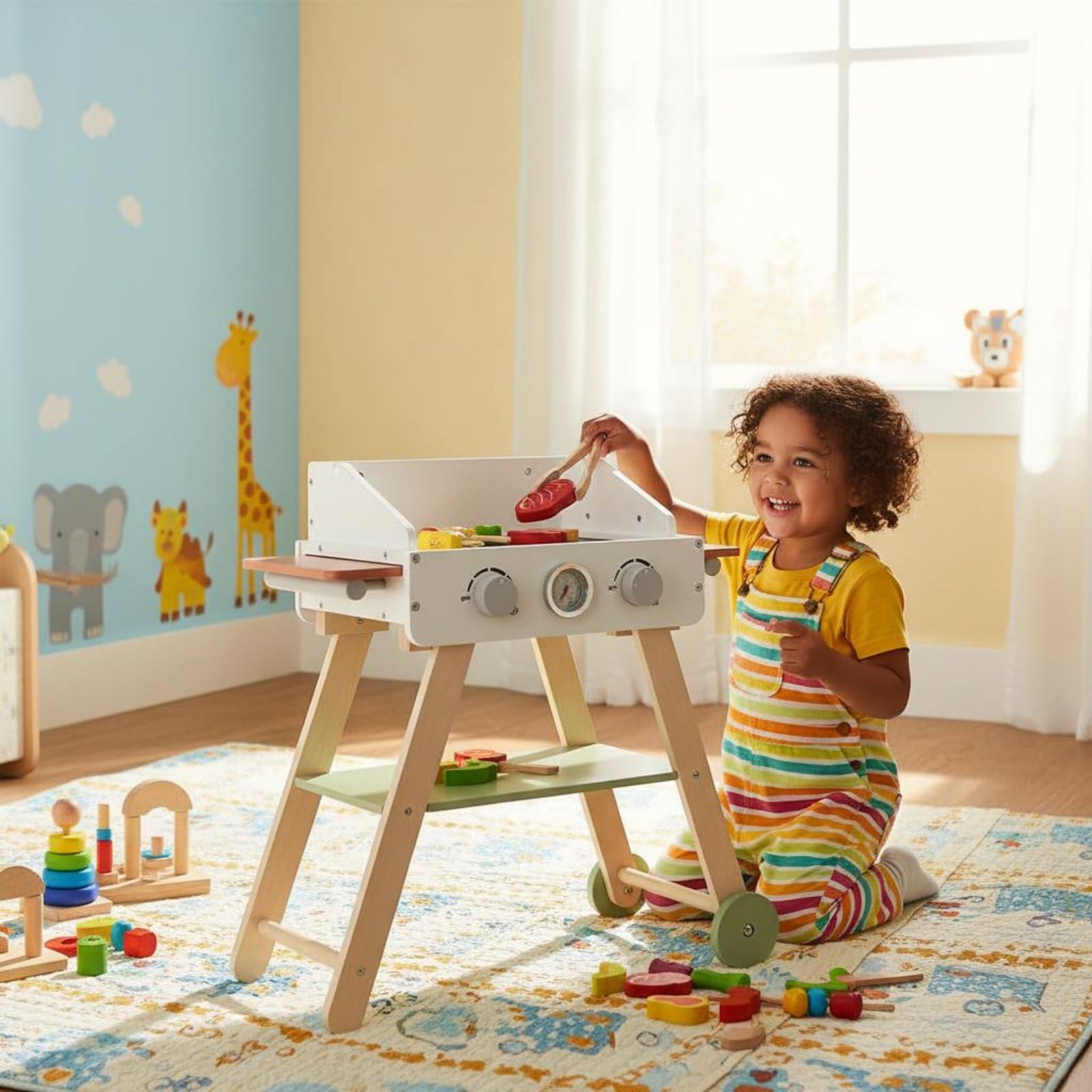 Barbecue Giocattolo per Bambini Griglia Finta Set Cucina Giocattolo in Legno con Manopole Etermometro Finto Cottura Immaginaria Ruoli Condivisi Adatto per Gioco Domestico Feste Asilo Regali