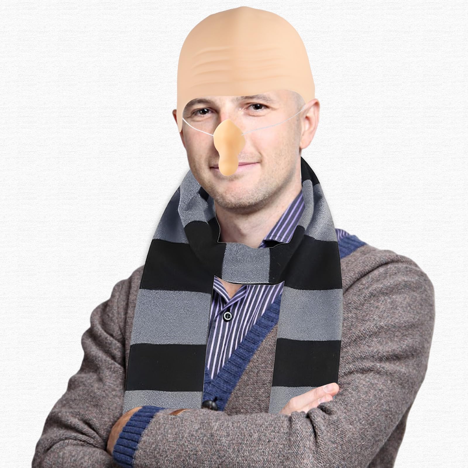 Kitimi 4Pcs Costume Accessories for Adult,Black Gray Striped Scarf/Fake Nose/Bald Cap for Men Cosplay Set