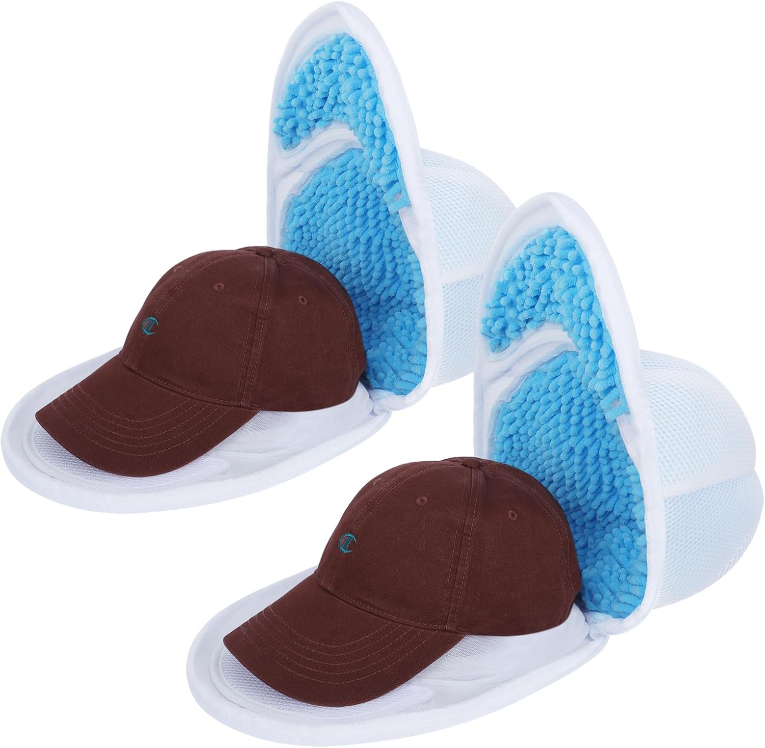 Upgraded Hat Washer Cage with Protective Mesh Bag, Durable Hats Cleaner for Caps, Hat Washing Cage with Chenille Liner - Reusable, Fixed Holder, Prevents Deformation, Fits Adult & Kids Caps, 2 Pack