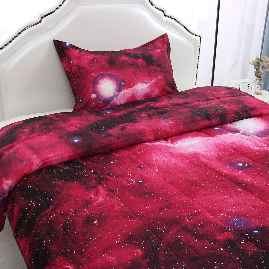 uxcell Twin Comforter Set Galaxy Red for Twin Bed -3D Outer Space Themed Bedding - All-Season Down Quilted Duvet - Reversible Design- Includes 1 Comforter & 1 Pillowcase