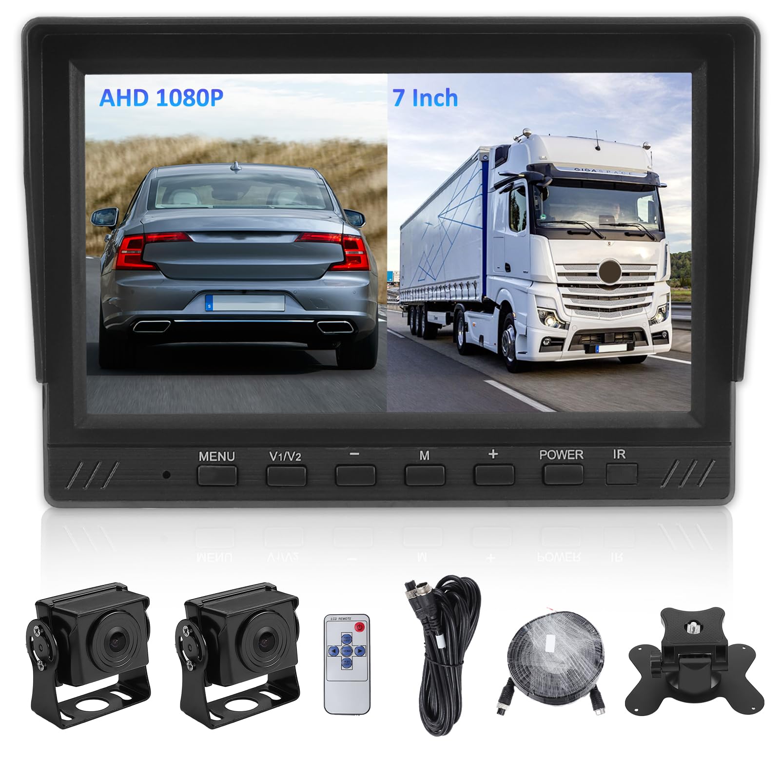 KAOLALI Telecamera di Retromarcia con Monitor da 7 Pollici, Kit Retrocamera Auto con 2 Telecamere per Auto, Supporto AHD 1080 HD Visione Notturna per Caravan/Camion ecc(12V-24V)