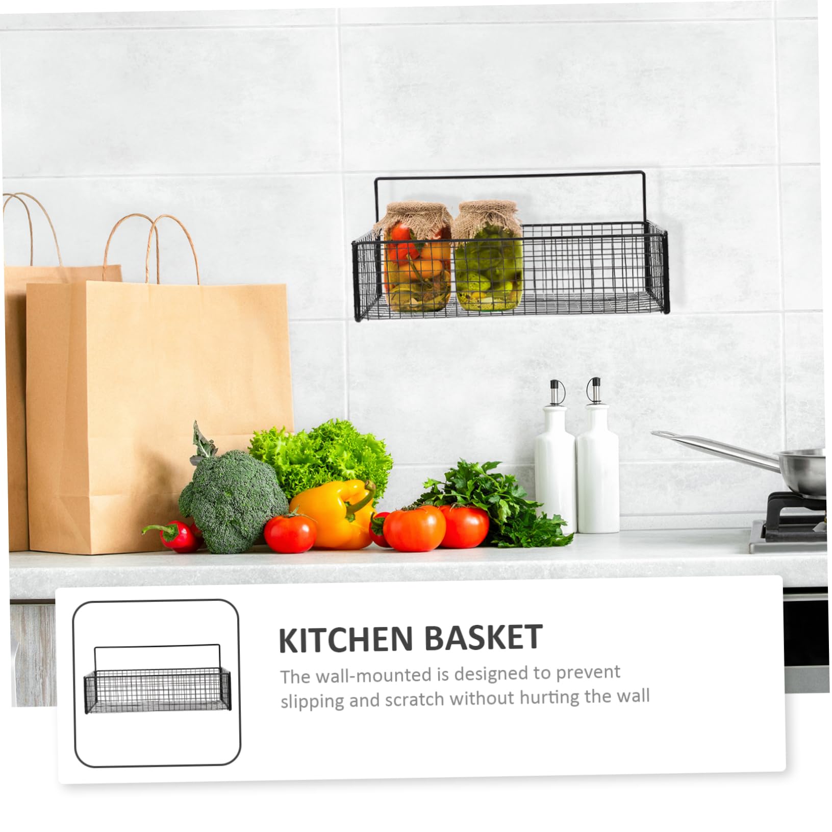 Cesta Colgante de Pared de Hierro para Cocina, Negra, Práctica | Verduras y Jengibre, Almacenamiento Ordenado, Estable y Fiable, Resistente al Óxido