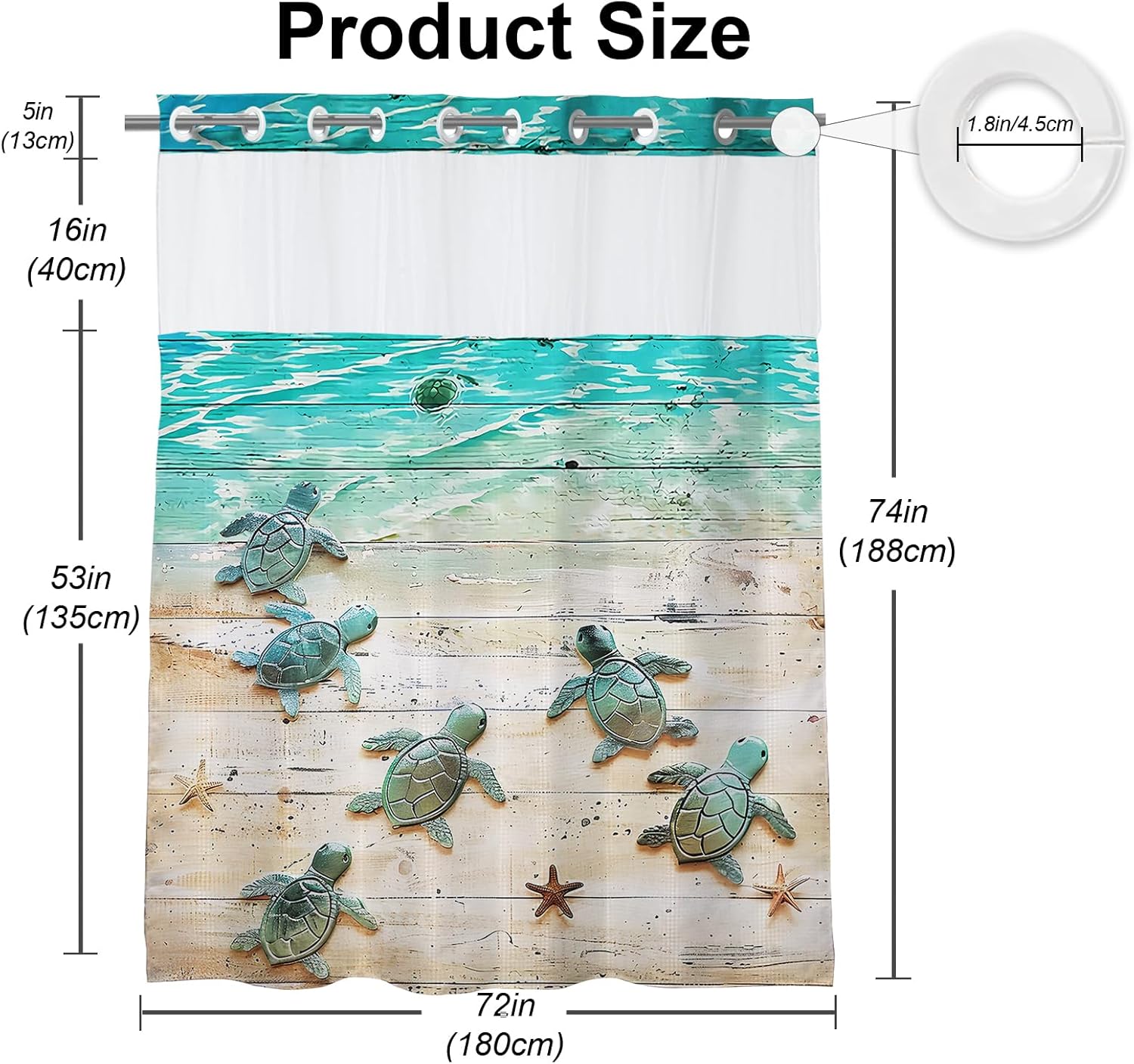 Nautical Green Beach Sea Turtle Theme No Hook Waffle Weave Shower Curtain with Snap in Liner Nautical Blue Bathroom Ocean Set 72 W x 74 H Inch Blue