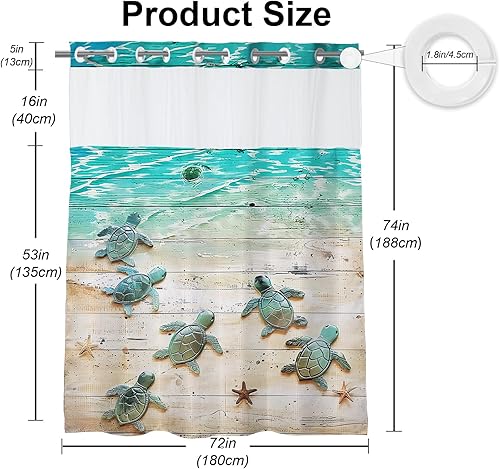 Vista 72 de Cortina de ducha de tortugas marinas, temática náutica de playa, verde y verde azulado, sin ganchos, punto gofre y forro desmontable, decoración