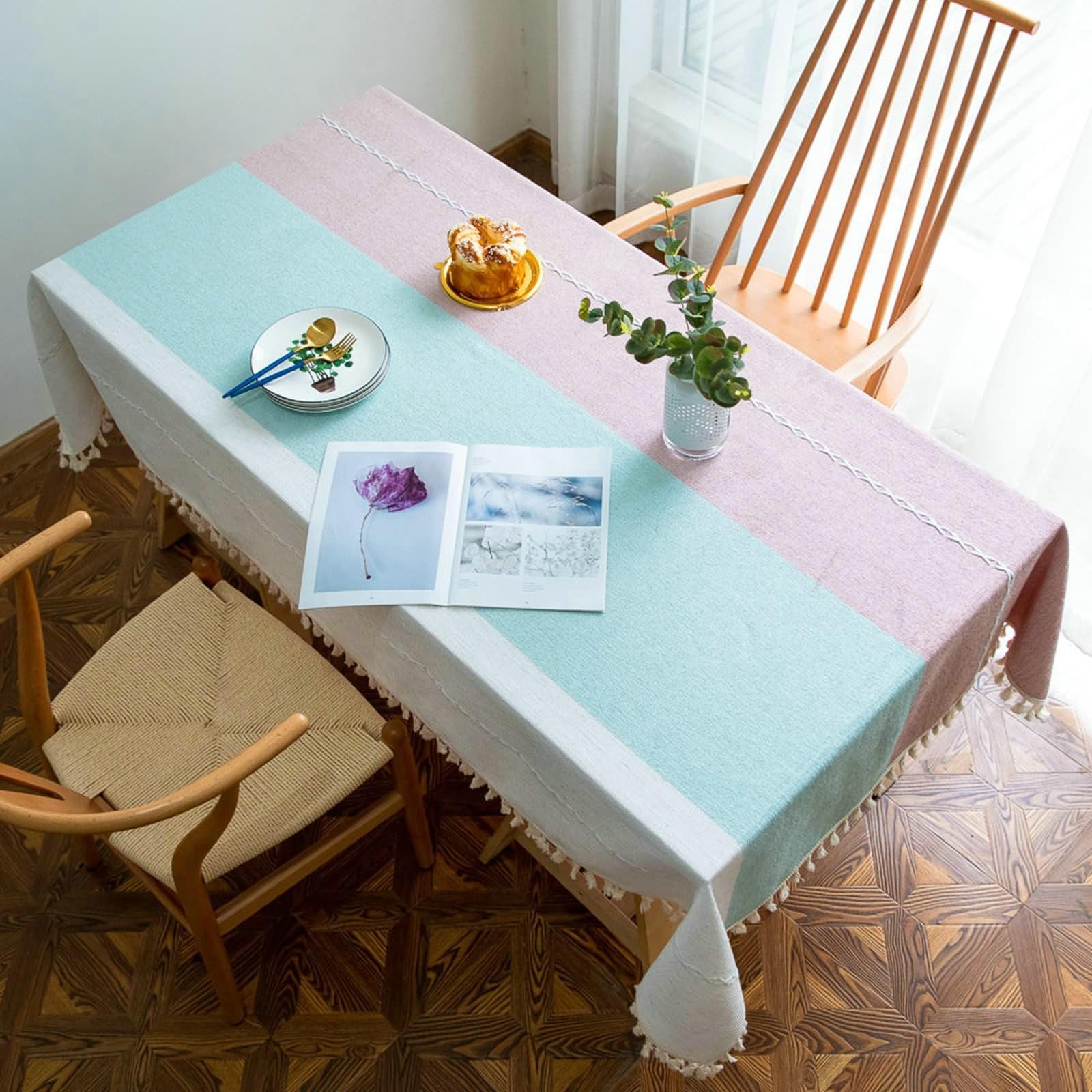 Gualiy Manteles Cuadrados Restaurante, Algodón Lino Mantel de Mesa Moderno 140x260CM Manteles de Mesa Antimanchas Rayas Jacquard con Borlas Mantel para Mesa de Salon, Blanco Azul Rojo