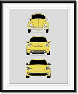 Volkswagen Beetle Generations Inspired Poster Print Wall Art Handmade Decor of the History and Evolution of the VW Beetle (Type 1, New Beetle, A5) (Unframed)