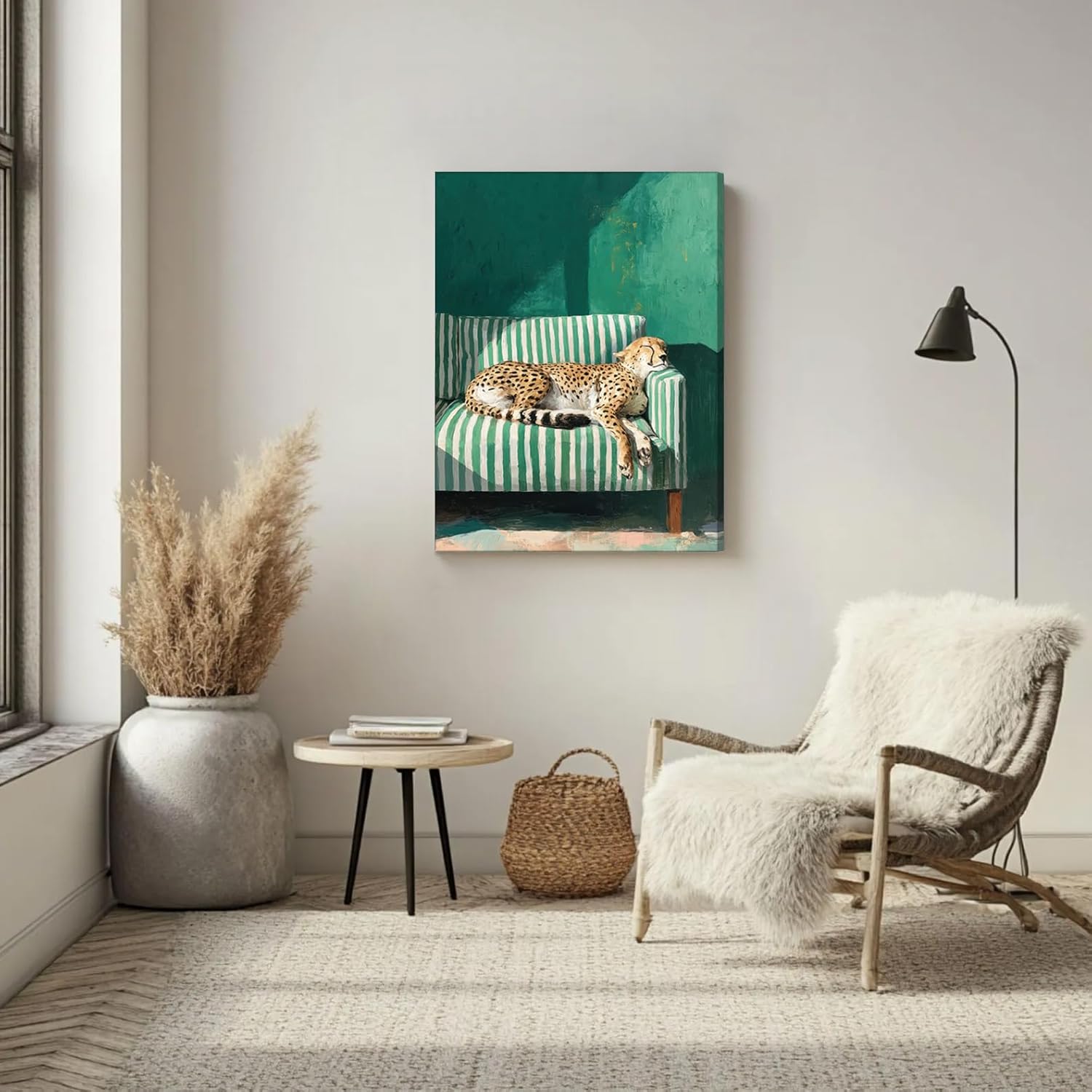 Framed Green Cheetah Canvas Wall Art Leopard Sleeping Cheetah on Sofa Picture Wall Decor Trendy Eclectic Animal Painting Prints for Living Room Bedroom 16x24in
