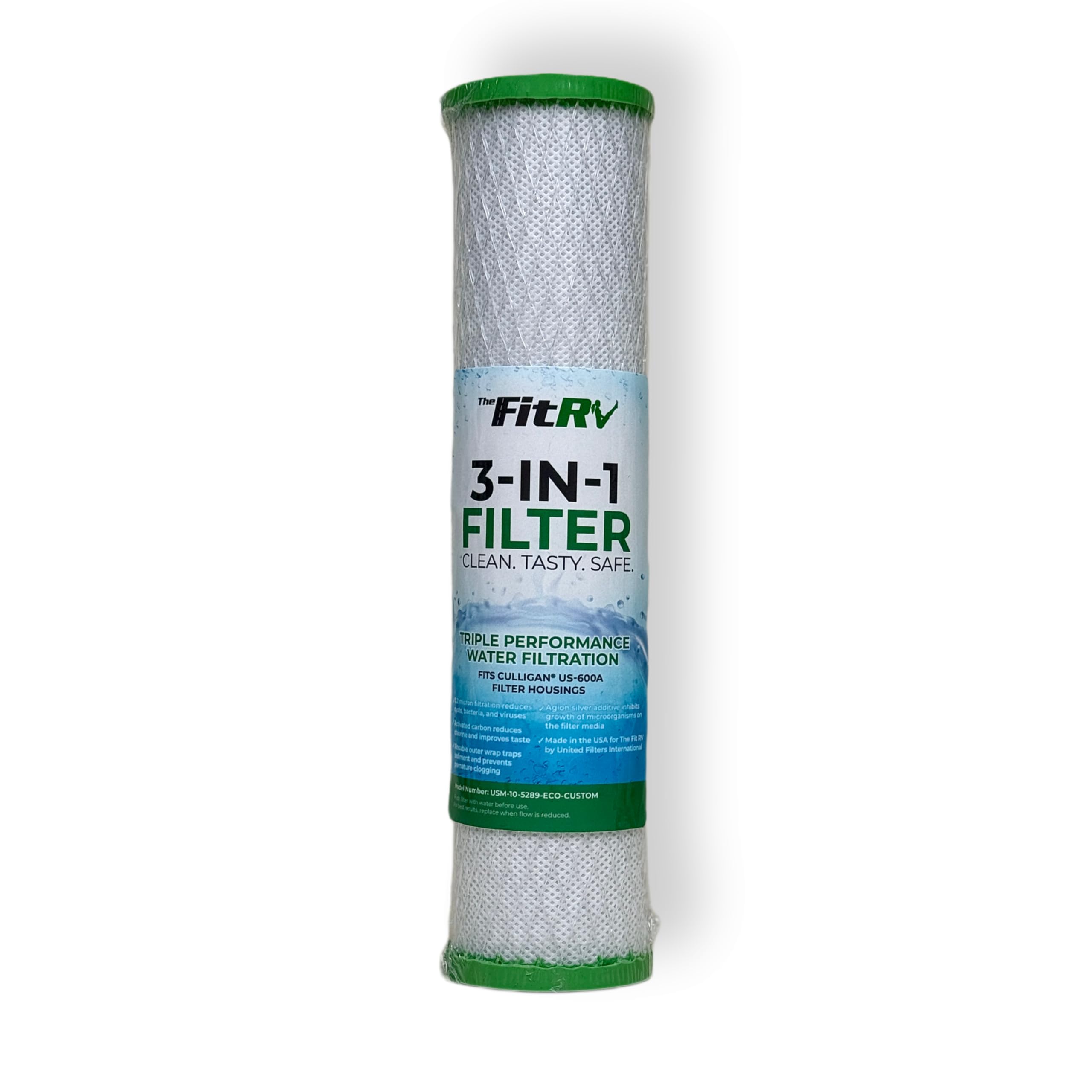 The Fit RV 3-in-1 RV Water Filter Replacement Cartridge | Activated Carbon | 0.2 Micron Filtration | Perfect for RV Use (USM-10-5289-ECO-CUSTOM, 2.3"