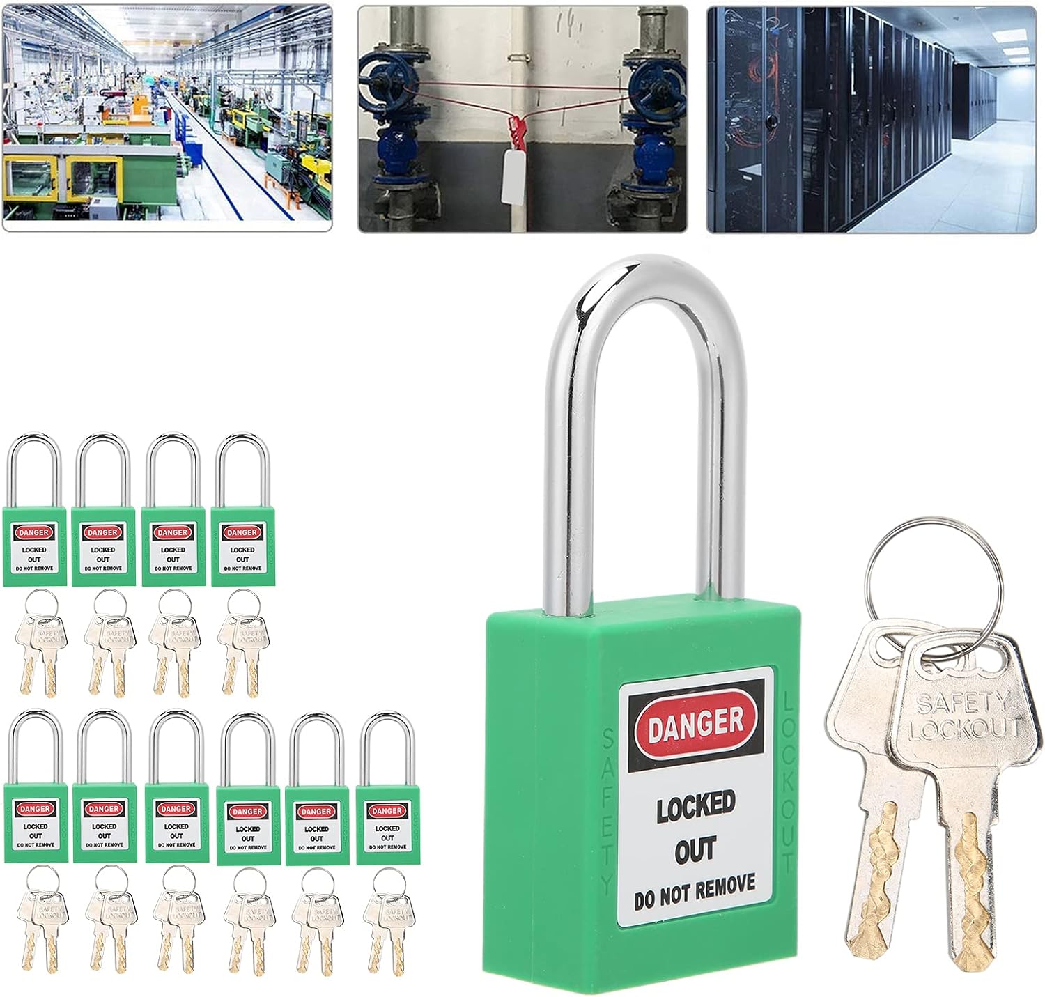 Pissente Lockout Tagout Lock, 38mm Durable Nylon Safety Padlock with 20 Keys, Isolation Design for Natural Gas Chemical Industry (Green)