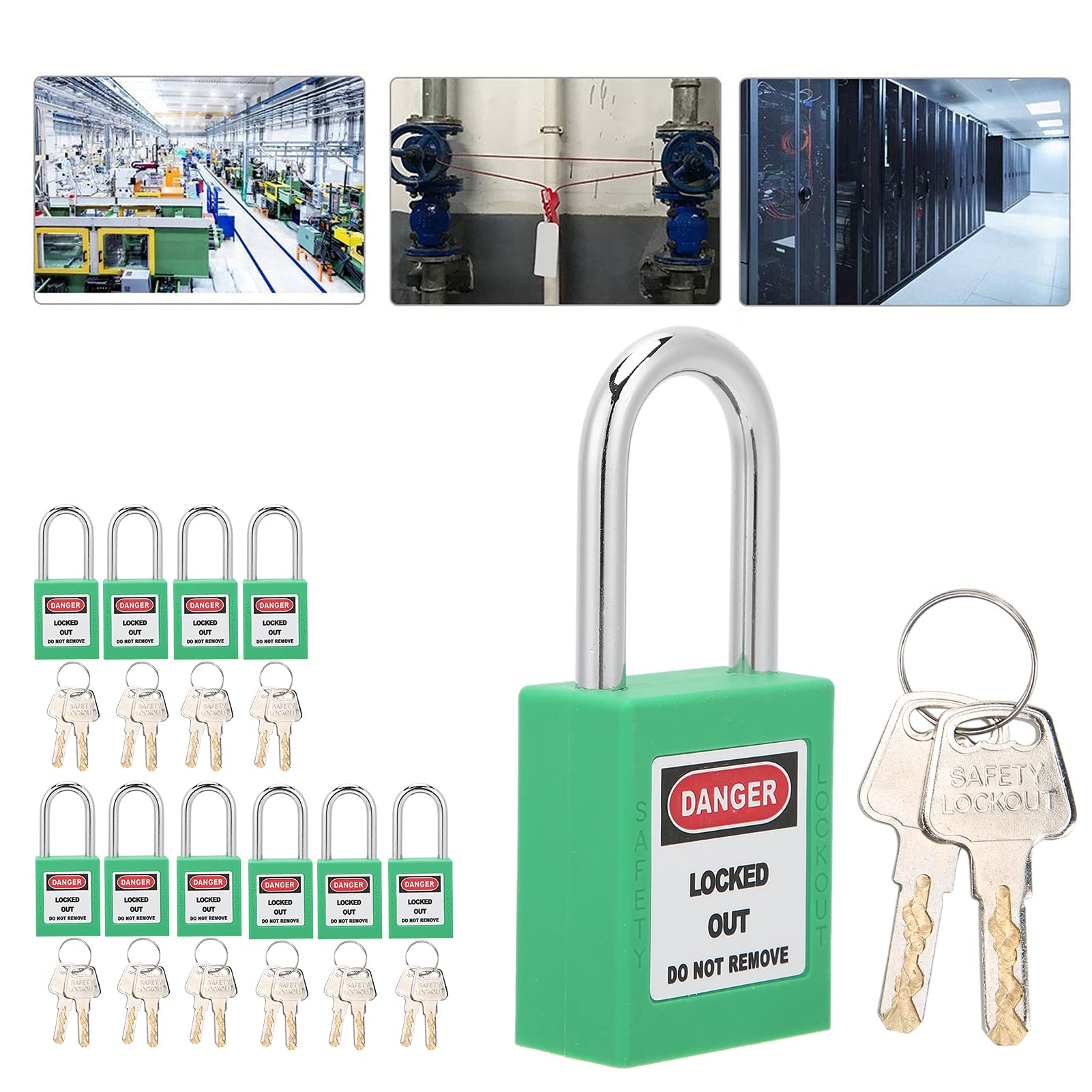 10Sets Lockout Tagout Lock Sets, Safety Loto Locks, 38mm Lockout Tagout Lock, 2 Keys Per Lock, for Lock Out Tag Out Stations (Green)