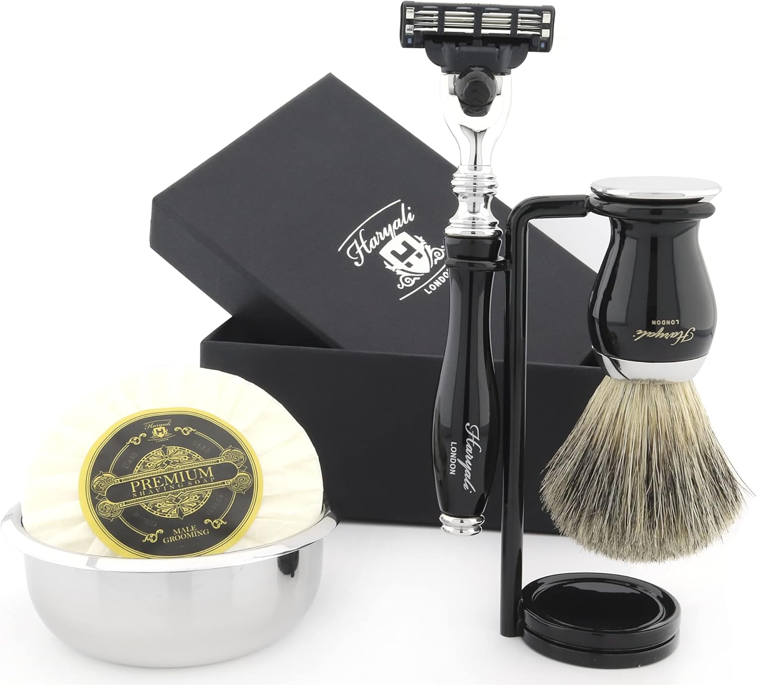 4 Pcs Shaving Kit 3 Edge Razor with Badger Hair Shaving Brush, Stand and Stainless Steel Bowl Perfect Set for Men