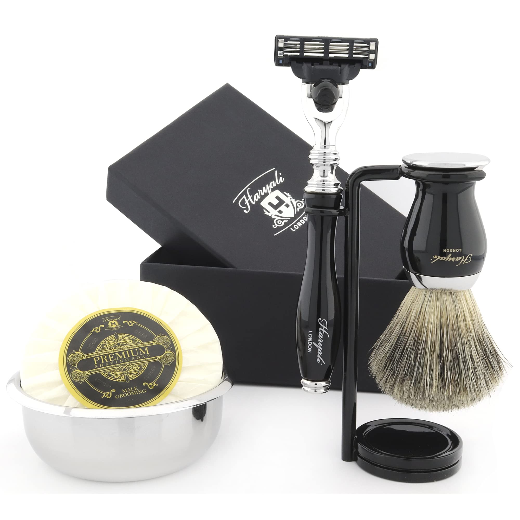 Haryali London 4 Pcs Shaving Kit 3 Edge Razor with Badger Hair Shaving Brush, Stand and Stainless Steel Bowl Perfect Set for Men