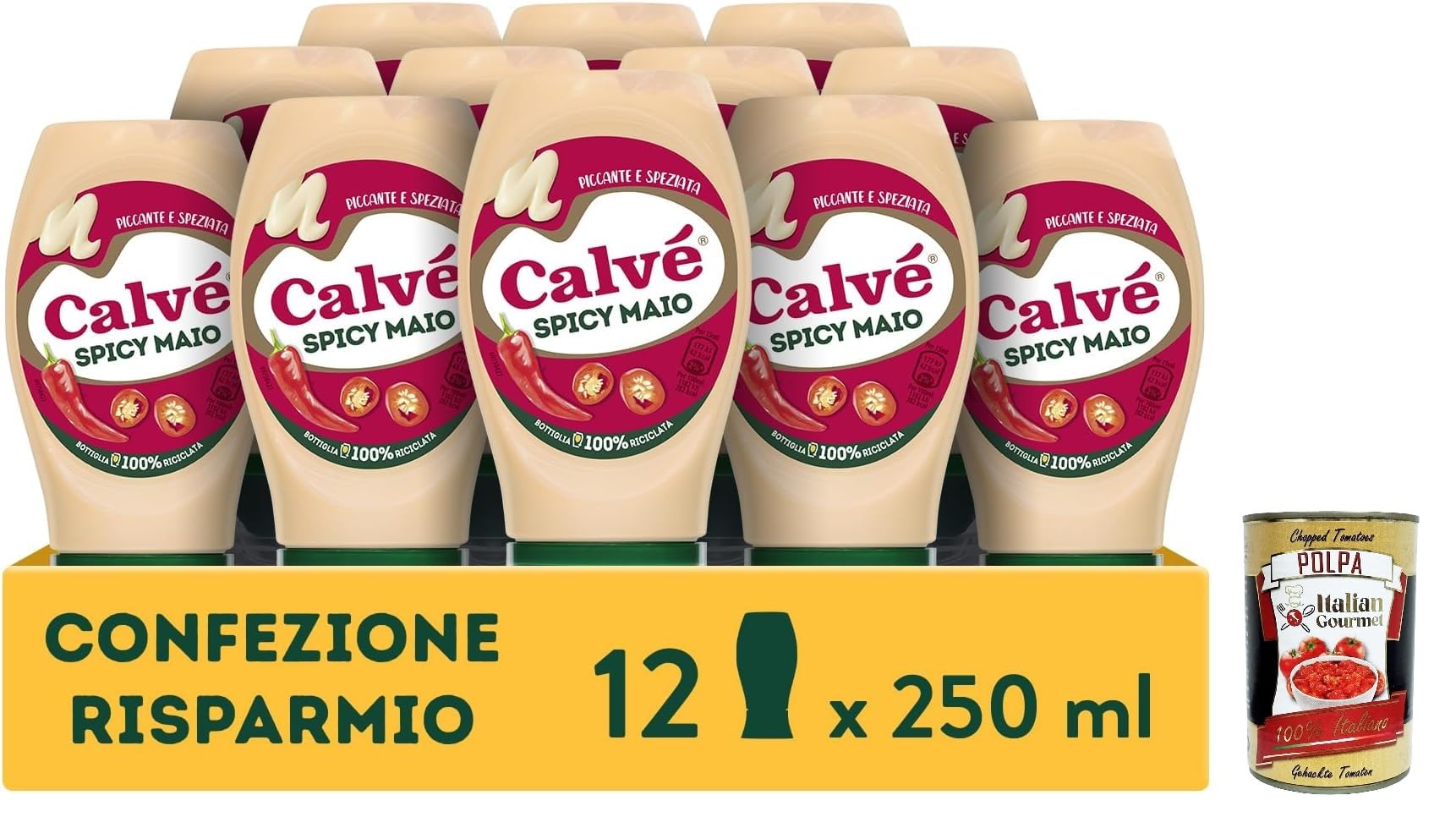 Calvé Maionese Spicy Mayo, 12 unidades de 250 ml, mayonesa con pimiento y pimienta de cayena, salsa picante y picante, ideal para sushi, poke y fritos + polpa italiana gourmet de 400 g