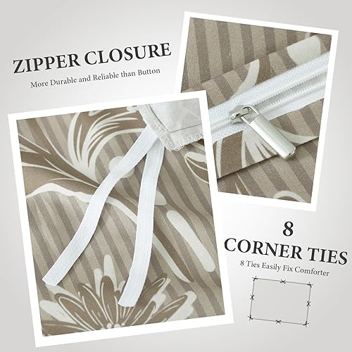 Miniatura 5 de Uniclinens Juego de funda de edredón de flores tamaño Queen, 100% algodón, color beige, con cierre de cremallera y 8 lazos, 3 piezas, incluye 1